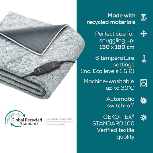 Beurer Beurer HD75 Nordic Grey Green Planet Electric Blanket, Heat Blanket Made from Recycled Material, Cuddly Soft, 6 Temperature Levels, Machine Washable, Automatic Shut-Off, 180 x 130 cm