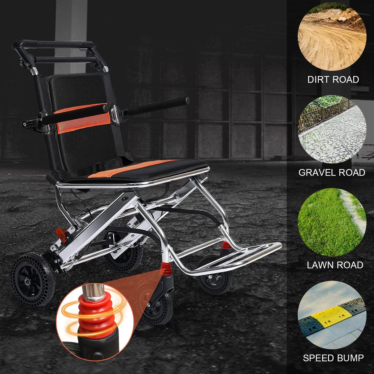 FreshCart Basics Super Lightweight Travel Wheelchair for Adults - No Assembly Required, Foldable Transport Chair with Travel Bag, Cushion & Anti-Tipper