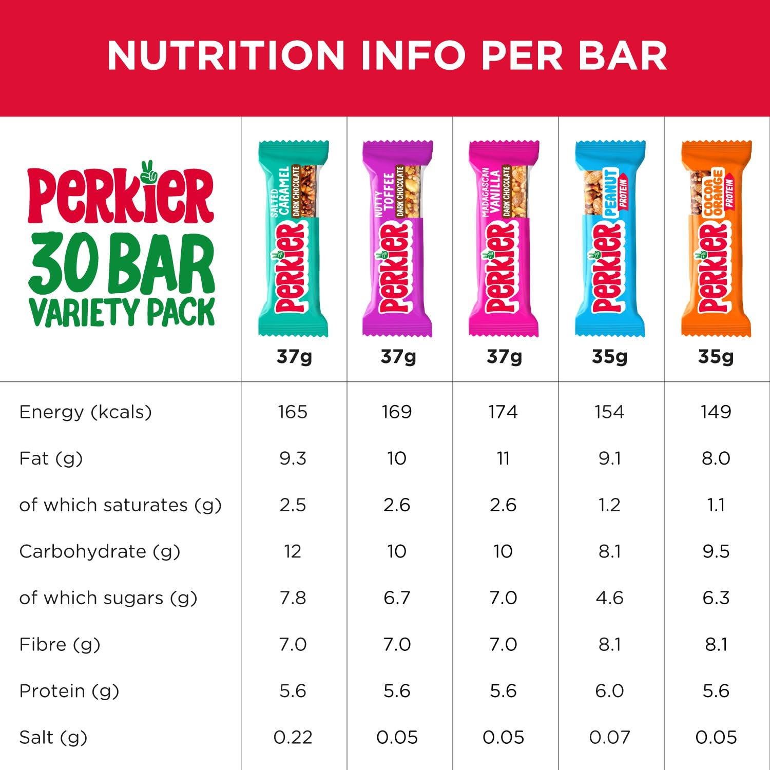 Perkier Perkier Variety Box (30 bars) Vegan - Gluten Free - Protein Packed - Lower Sugar - High Fibre - Snack Bars