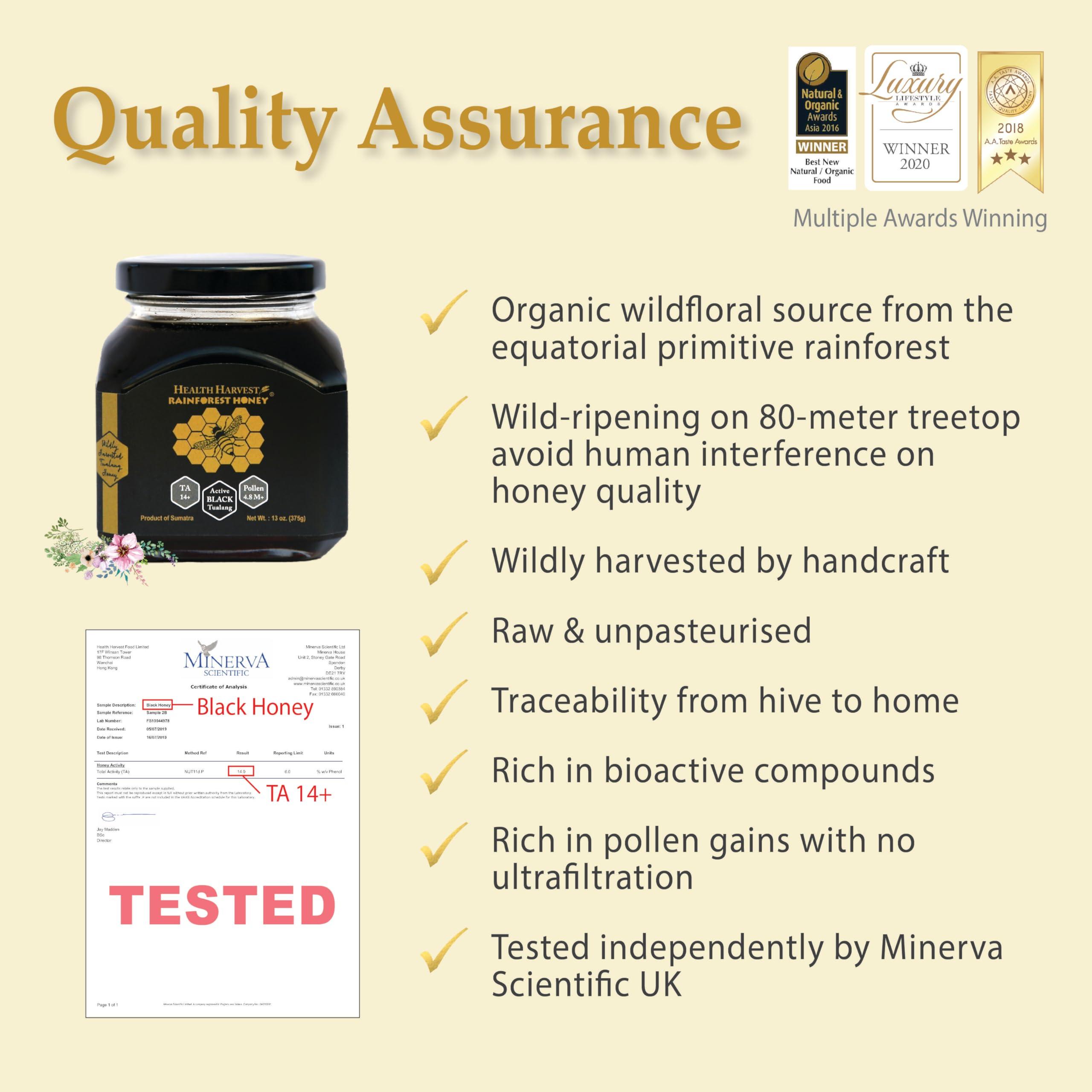 Health Harvest Premium Tualang Black Honey 375g (TA 14+, Pollen Count 4.8M+, Pollen Variety 150+) Intense Choice for Men Preservation, Wild-ripening on 250ft Treetop, Raw, Unpasteurised, Unfiltered