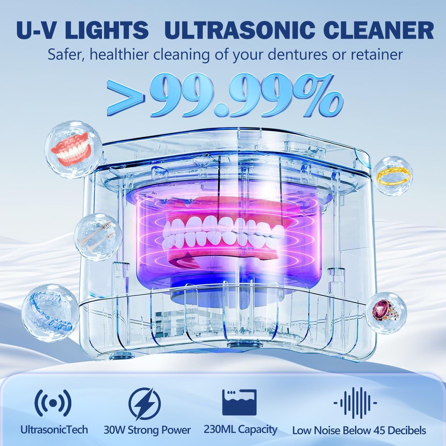 NDAN Ultrasonic Retainer Cleaner, Sonic Dental Cleaning U-V Machine for Dentures, Mouth Guard, Aligner, Toothbrush Head, Jewelry, All Dental Appliances, Portable 30W/45kHz (Black)