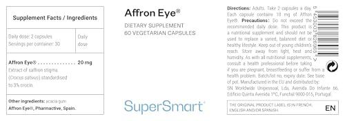 SUPERSMART Supersmart - Affron Eye - Extract of Saffron Stigmas (Crocus Sativus) Standardized to 3% Crocin - Eye Health & Antioxidant Supplement | Non-GMO & Gluten Free - 60 Vegetarian Capsules