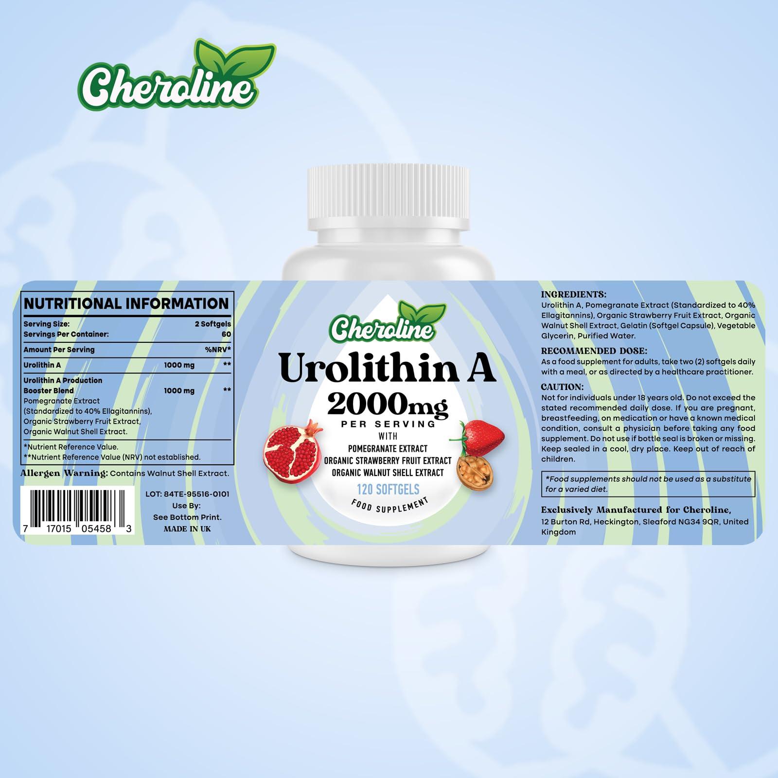 Cheroline Urolithin A Supplement 2000mg - 120 Softgels 60-Day Supply - Enhanced with Pomegranate, Strawberry, and Walnut Extracts - for Mitochondria, Energy, Antioxidants & Cellular (120 Count (Pack of 1))