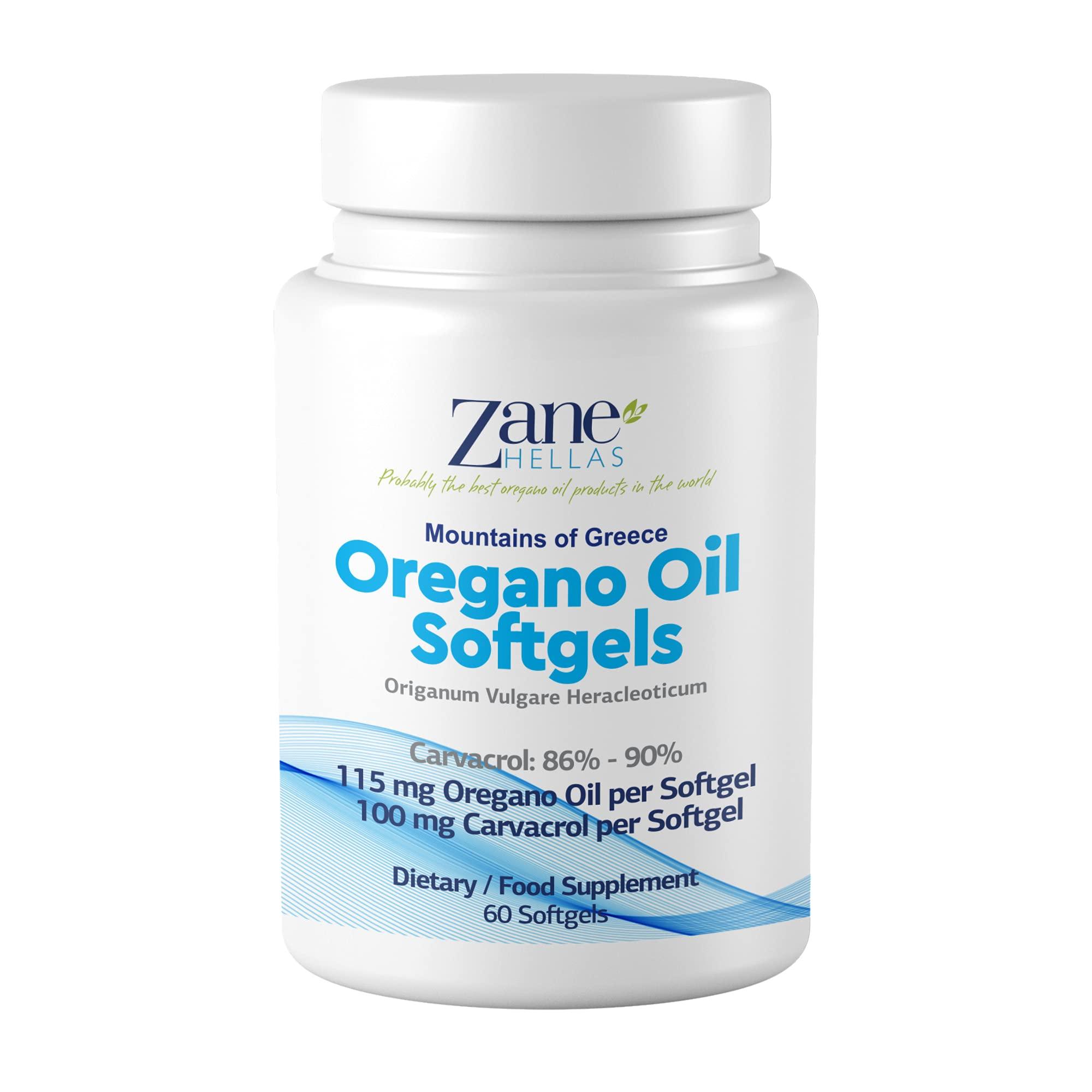 Zane HELLAS Probably the best oregano oil products Zane Hellas Oregano Oil Softgels. Extra Strength. Every Softgel Contains 20% Greek Essential Oil of Oregano. 100 mg Carvacrol per Softgel.60 Softgels.