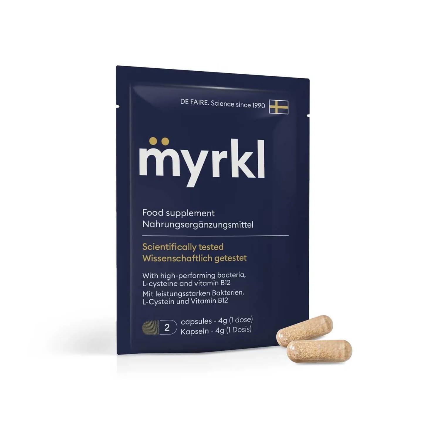 Myrkl Myrkl, Unique Formula Helps Reduce Tiredness and Fatigue | Probiotics, L Cysteine, and Vitamin B12 Helps with Morning Energy | Food Supplement, Natural, Vegan, 8 Capsules (2 in Each On-The-Go Sachet)