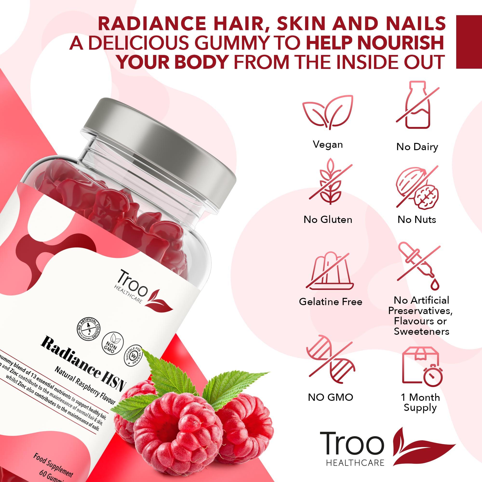 Troo Health Care Troo Health Care Radiance HSN 60 Raspberry Flavour Gummies - Advanced Hair Skin & Nails Supplement for Men & Women - 13 Essential Nutrients Inlcuding Biotin