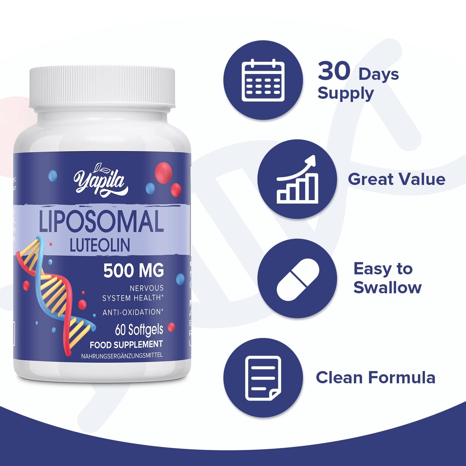 Yapila Liposomal Luteolin Capsules 500mg, Maximum Absorption, High Dose Flavonoid, Antioxidant Supplement, Soy-Free, Glute-Free, Non-GMO