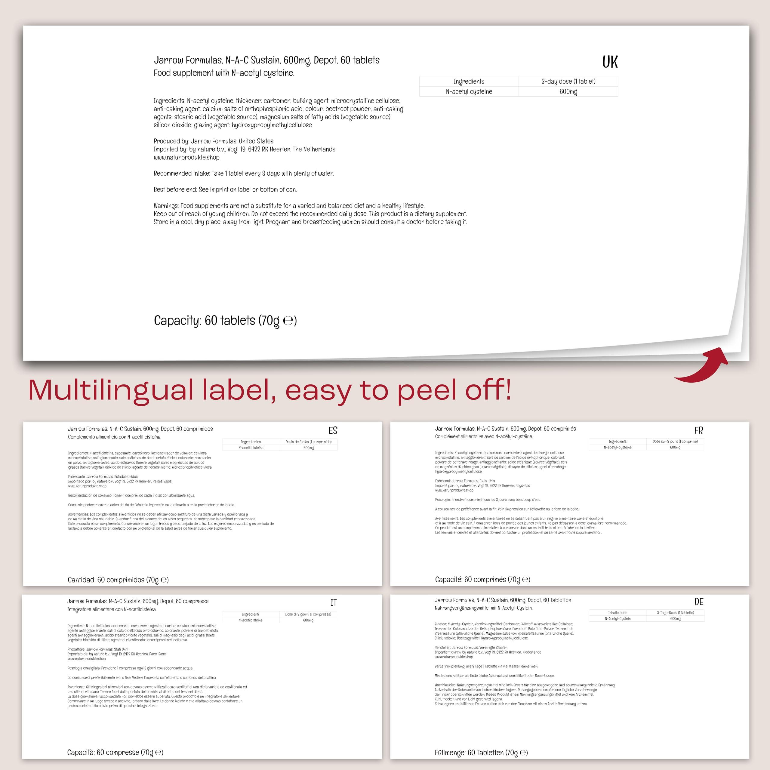 Jarrow Formulas Jarrow Formulas, NAC Sustain, N-Acetyl-Cysteine, 600mg, Depot, 1 Tablet Every 3 Days, High Dose, 60 Vegan Tablets, Gluten-Free, SOYA-Free, GMO-Free