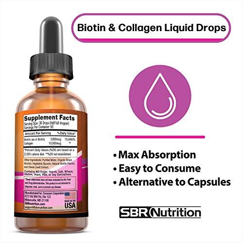 SBR Nutrition SBR Nutrition Biotin and Collagen Liquid Drops Daily Food Supplement, Vitamins for Hair Growth and Thickening, Skin Health and Nail Strength, 2 oz (60mL)