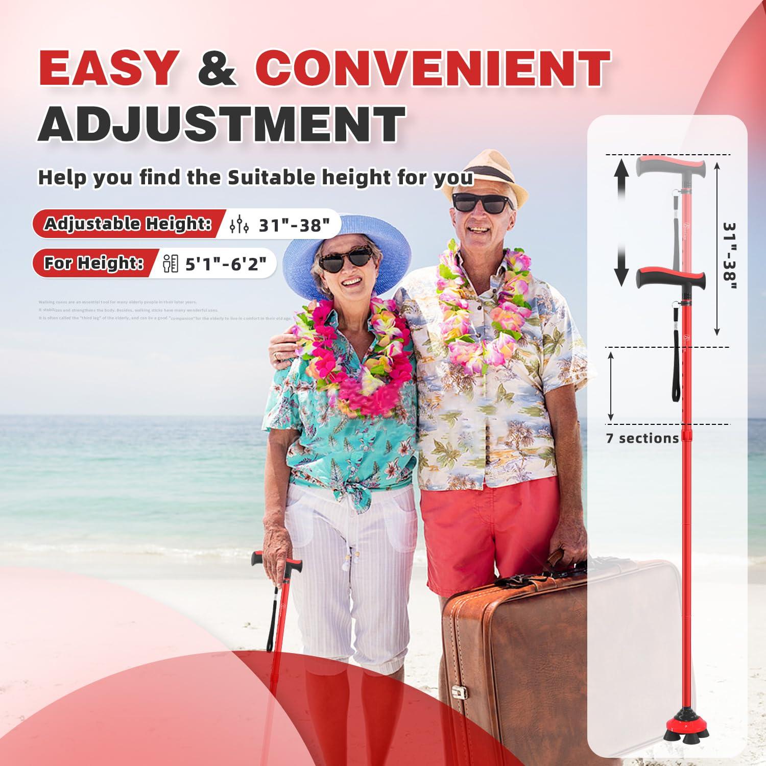 BeneCane BeneCane Walking Cane for Men & Women Walking Stick for Seniors Folding Canes Quad Cane Adjustable Lightweight Sturdy Free Standing Collapsible Heavy Duty with Soft TPR T-Handle and Travel Bag