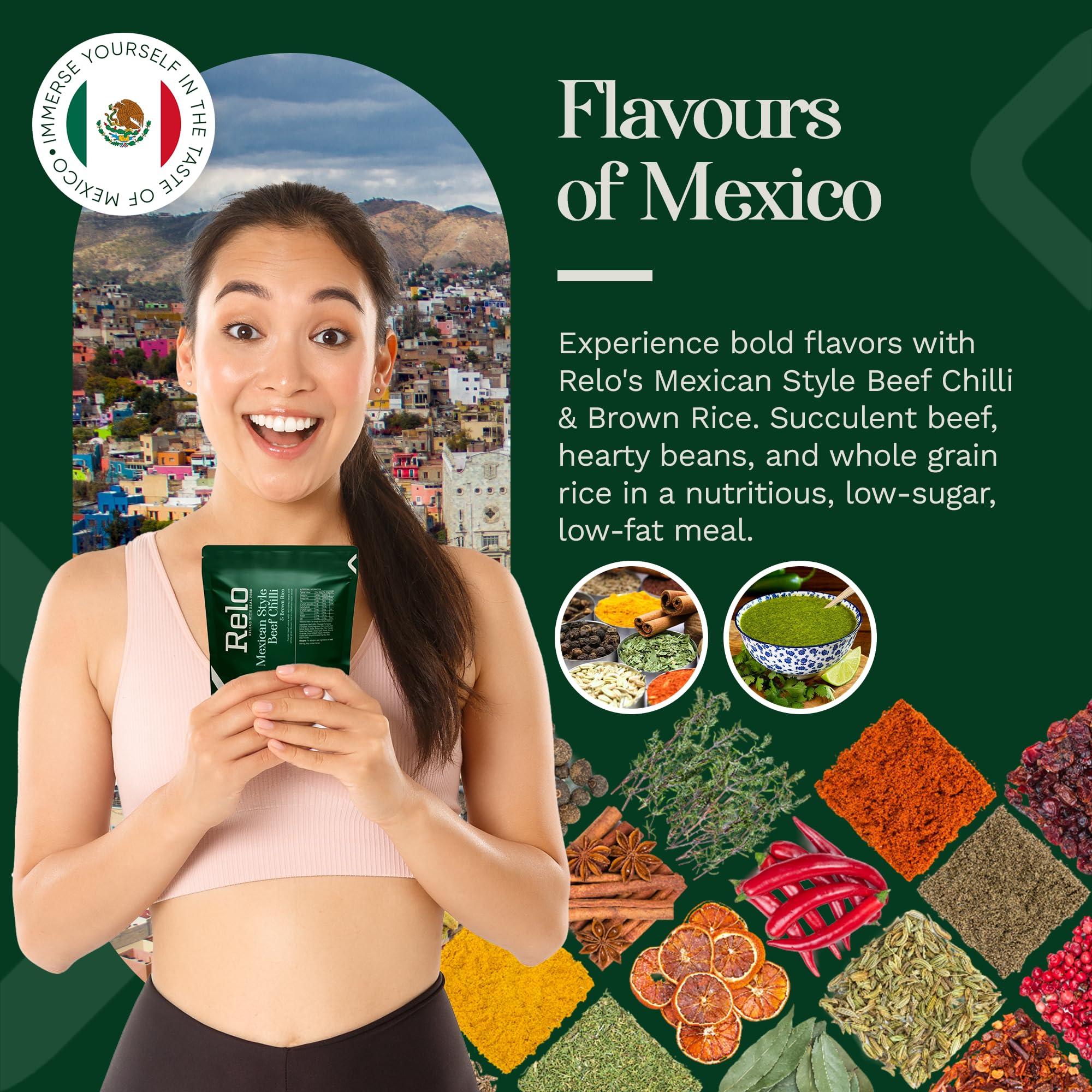 RELO Relo Mexican Style Beef Chilli | 350g Ready-to-Eat Survival Food Pouches | Camping Food Pouches with High-Protein High-Fibre, Low-Fat, Low-Sugar, Low-Cal, Low-Carb, Keto-Friendly (20 Pack)