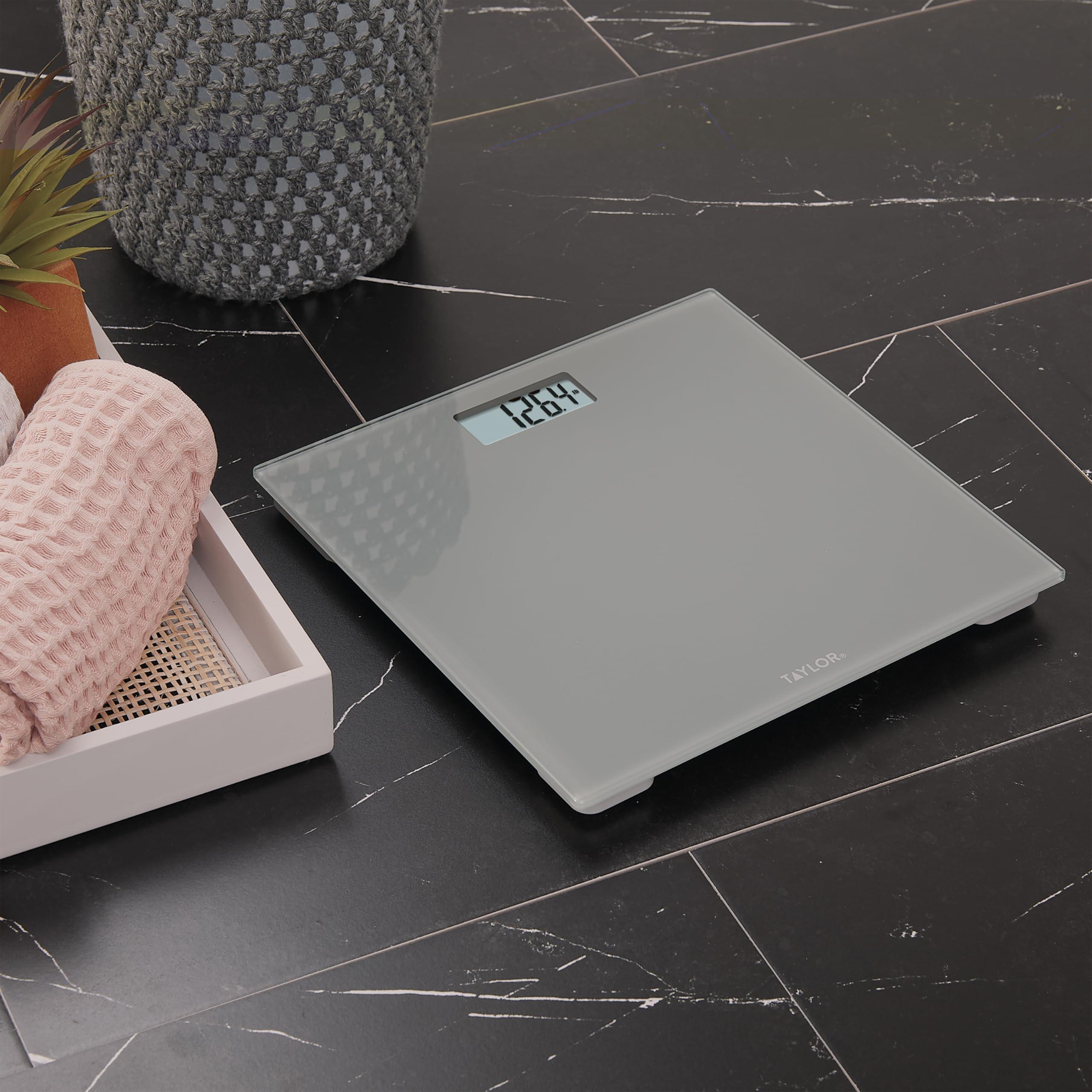 Taylor Taylor Digital Scales for Body Weight, Highly Accurate 350 LB Capacity Bathroom Scale, 11.0 x 11.0 Inch Durable Glass Platform, Battery Powered, Easy to Read, Gray