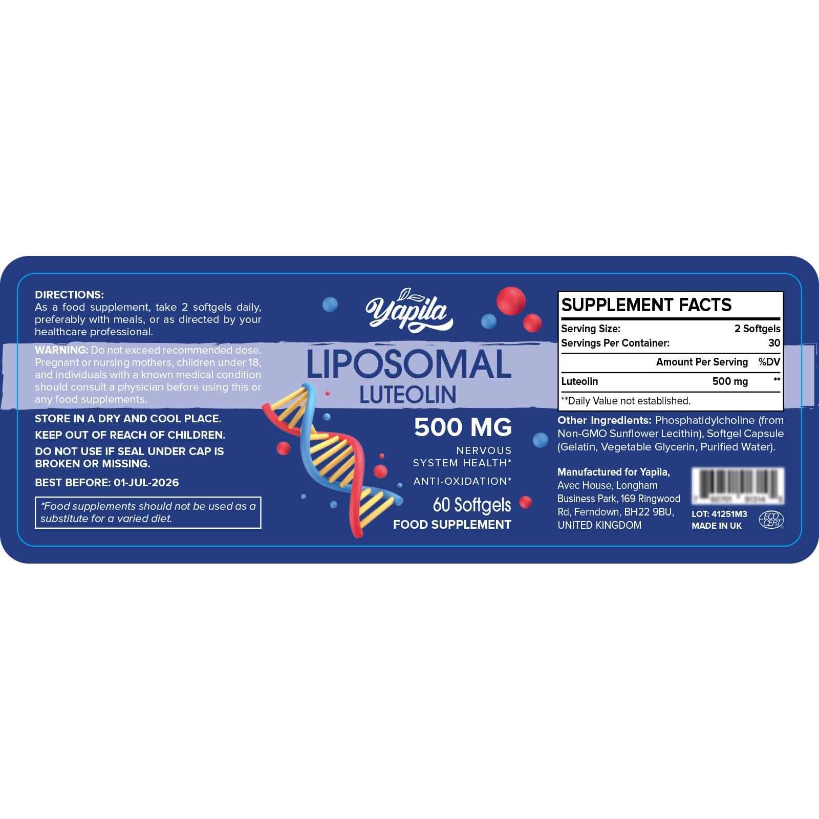 Yapila Liposomal Luteolin Capsules 500mg, Maximum Absorption, High Dose Flavonoid, Antioxidant Supplement, Soy-Free, Glute-Free, Non-GMO