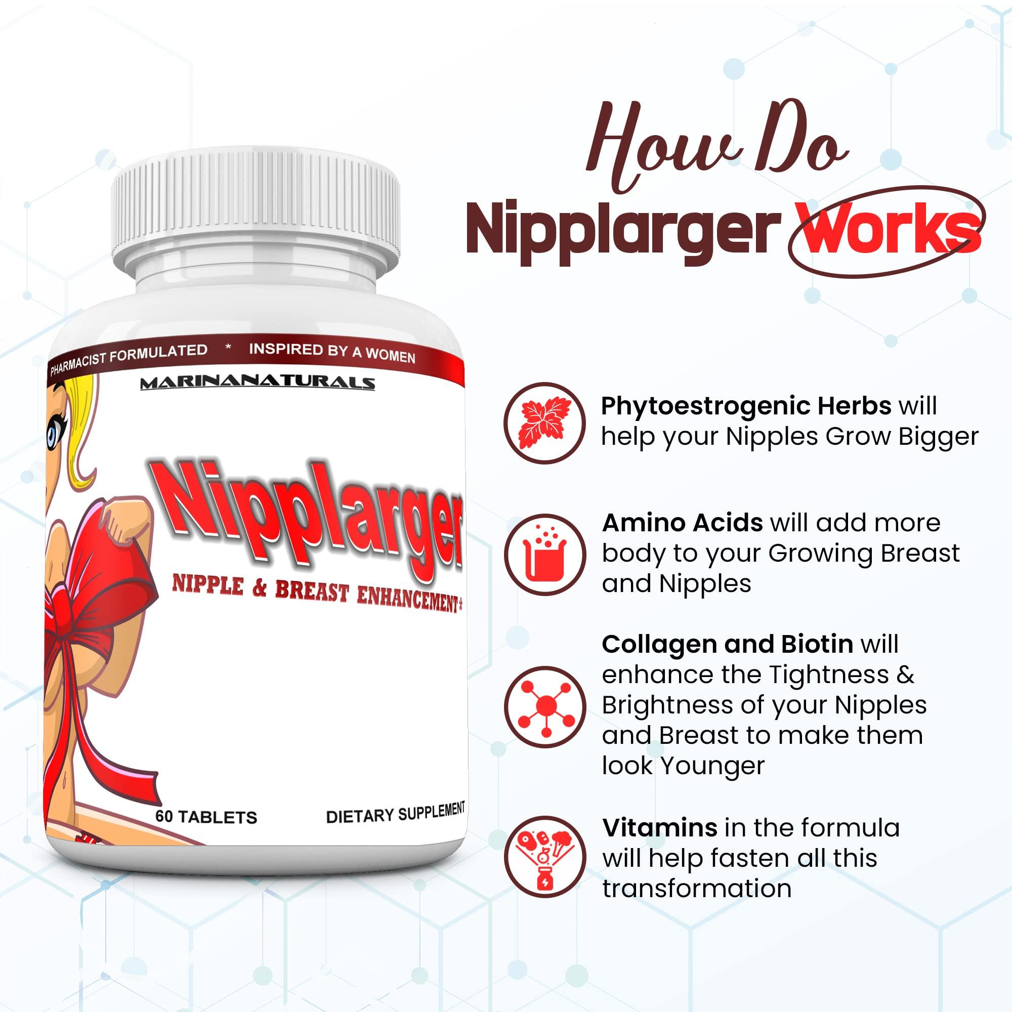 MARINANATURALS NIPPLARGER Nipple Enlargement, Breast Enlargement, Skin Tightening Enjoy Larger, Fuller, Firmer Nipples and Breasts. 60 Tablets.