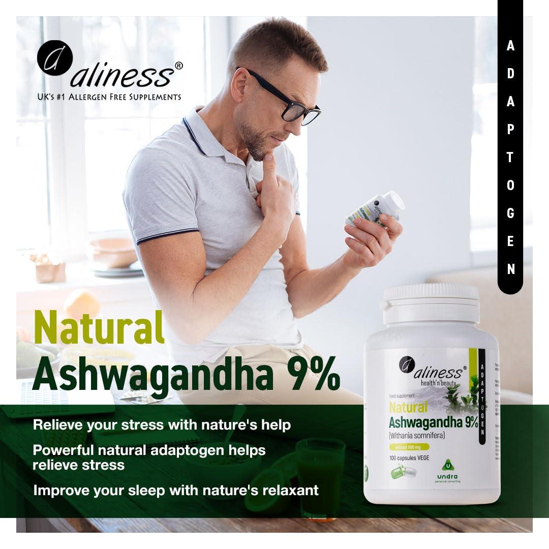 Aliness Aliness Natural Ashwagandha 9%, Withania Somnifera, 100 Vegan Capsules, Adaptogen