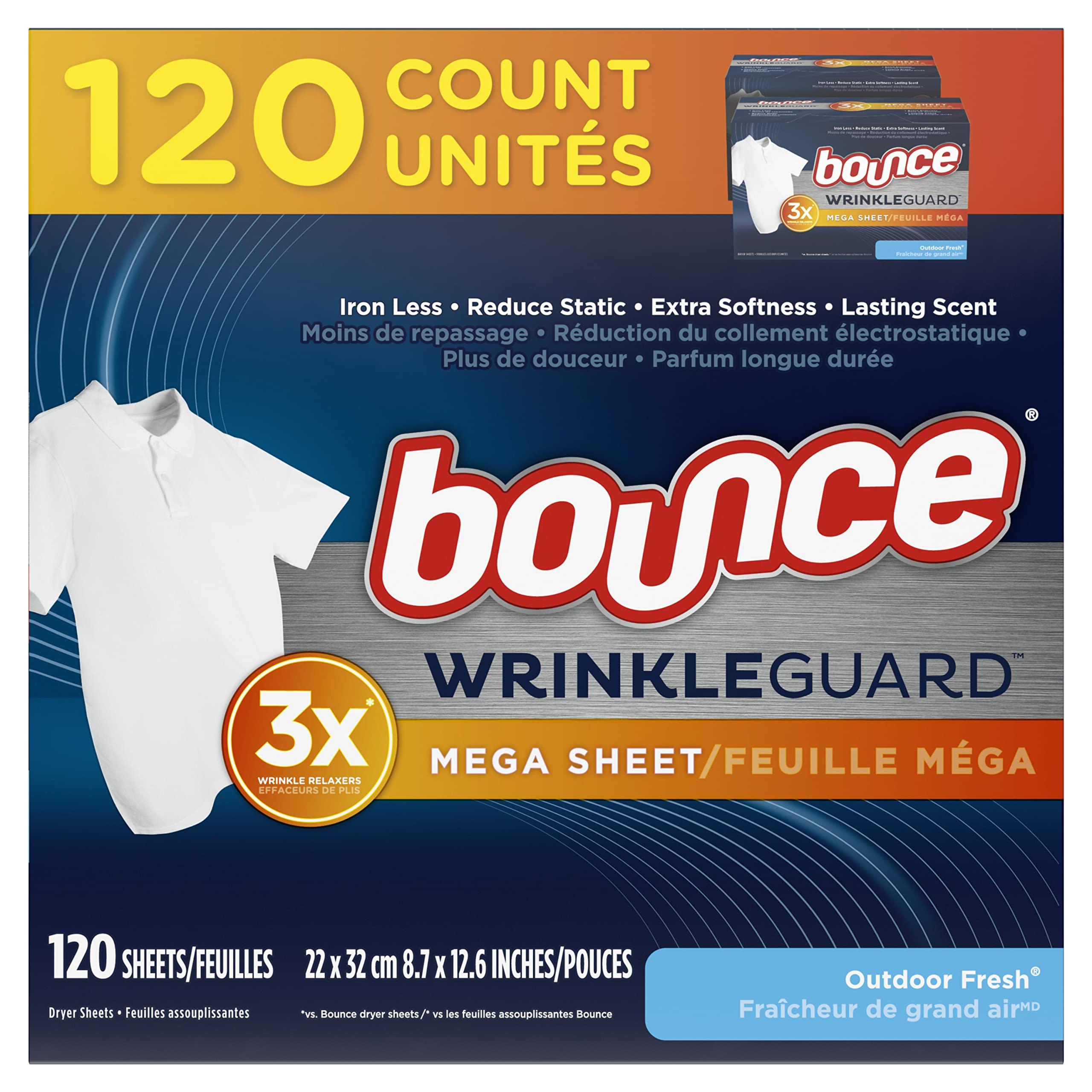 Bounce Bounce WrinkleGuard Mega Dryer Sheets, Fabric Softener and Wrinkle Releaser Sheets, Outdoor Fresh Scent, 120 Count (Pack of 2, 60 Count Each)