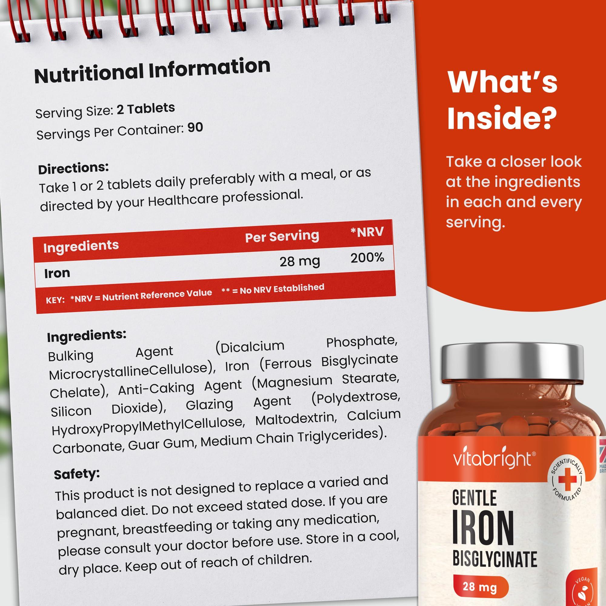 VitaBright Gentle Iron Tablets High Strength 28mg Vegan Iron Tablets Women & Men, Chelated (Organic) Iron Supplements for Women & Teens, Energy Tablets for Tiredness, VitaBright Strong Iron Bisglycinate