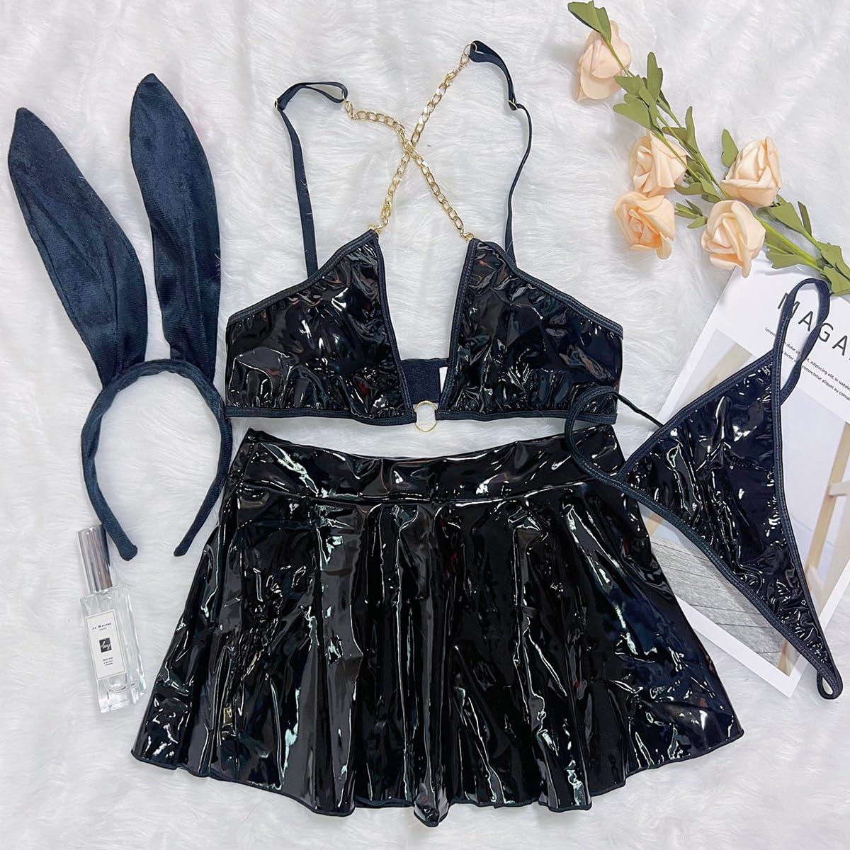 NewBull NewBull Women Wetlook Patent Leather Lingerie Set 2 Pieces Womens Faux Leather Outfit with Metal Chain Club Latex Cosplay Costume with Mini Skirt Halloween Costume for Bunny (Black)