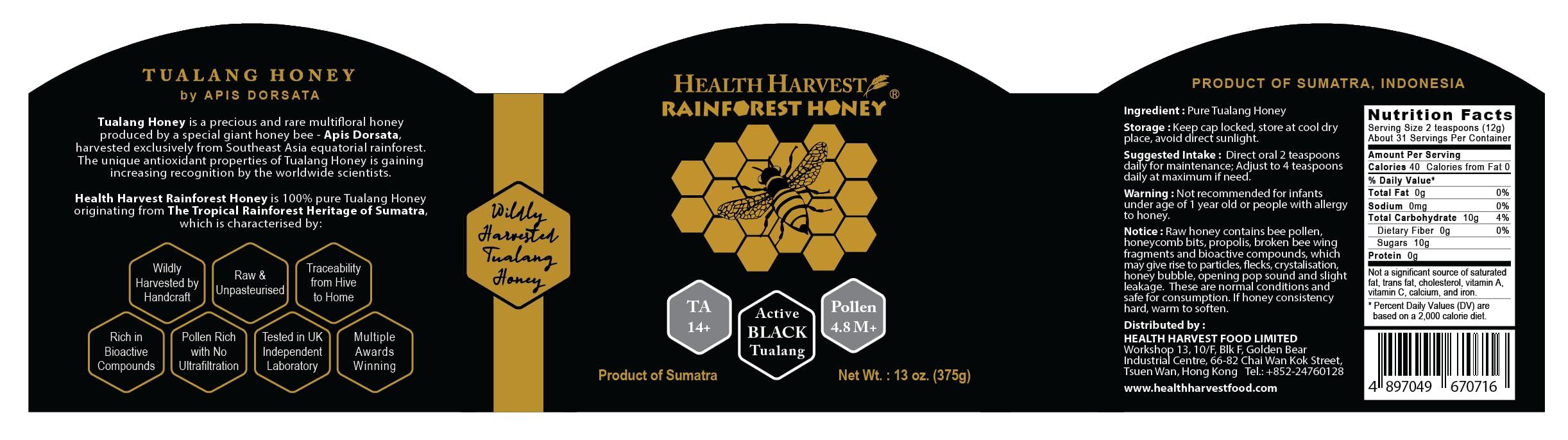 Health Harvest Premium Tualang Black Honey 375g (TA 14+, Pollen Count 4.8M+, Pollen Variety 150+) Intense Choice for Men Preservation, Wild-ripening on 250ft Treetop, Raw, Unpasteurised, Unfiltered