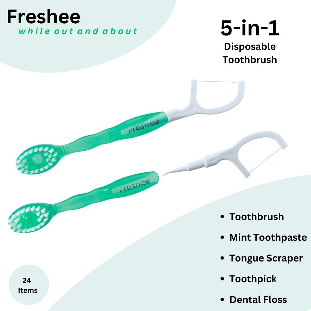 Freshee Freshee Bead - 5 in 1 Disposable Mini Toothbrush with Toothpaste + Floss + Pick + Tongue Scraper | Travel Size | Individually Wrapped | Soft | Extra Minty | Travel Set | Oral Care