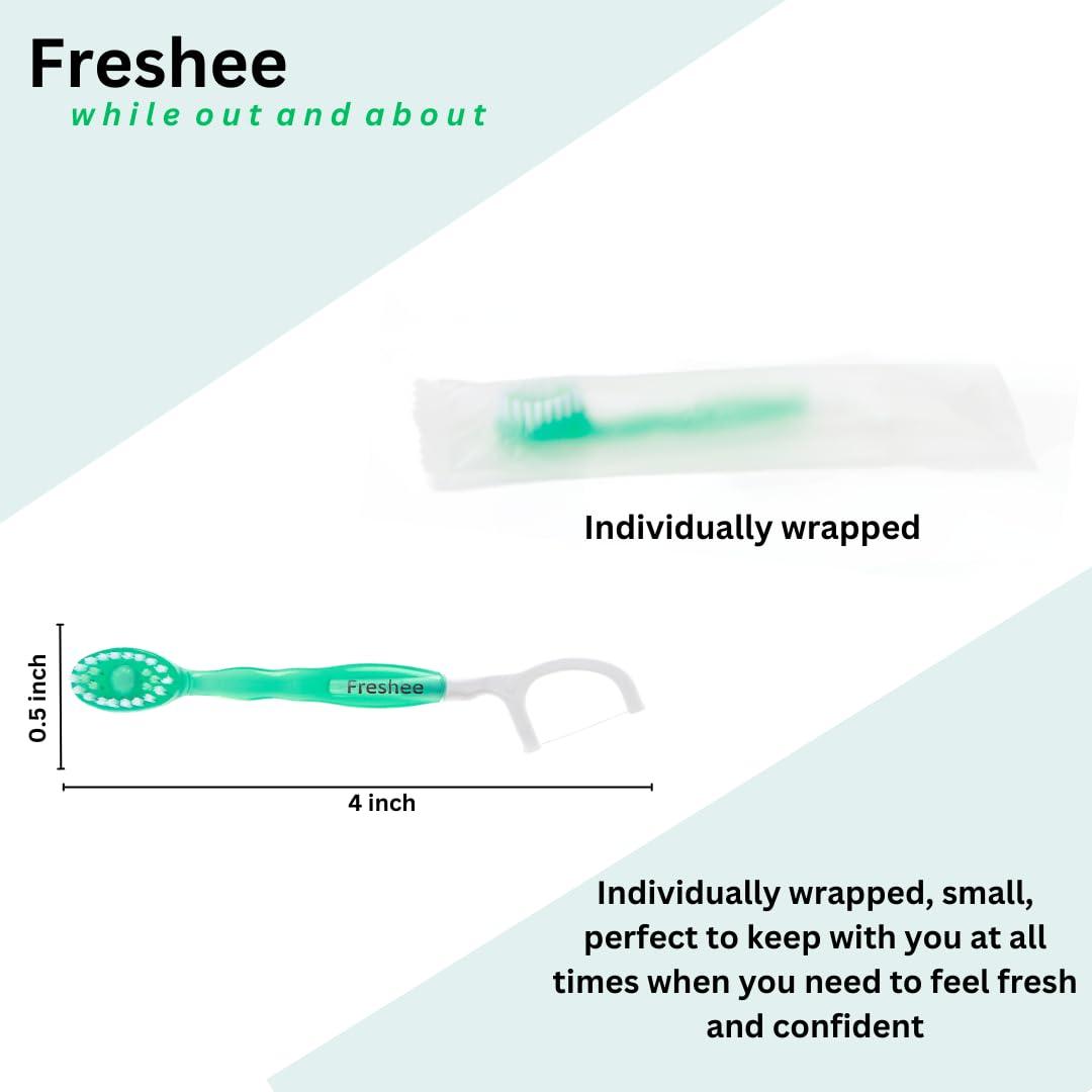 Freshee Freshee Bead - 5 in 1 Disposable Mini Toothbrush with Toothpaste + Floss + Pick + Tongue Scraper | Travel Size | Individually Wrapped | Soft | Extra Minty | Travel Set | Oral Care