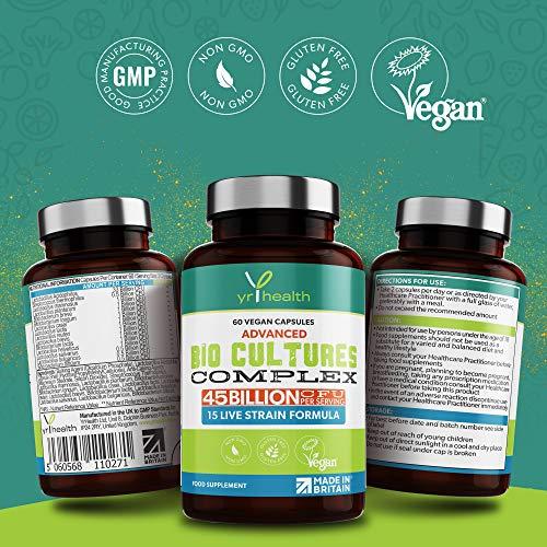 yrhealth Vegan Bio Cultures Complex - 45 Billion CFU, 15 Active Bacteria Strains - Maximum Strength Multi Strain Complex - Probiotics Women Gut Health and Men, 60 Capsules - Made in The UK by YrHealth
