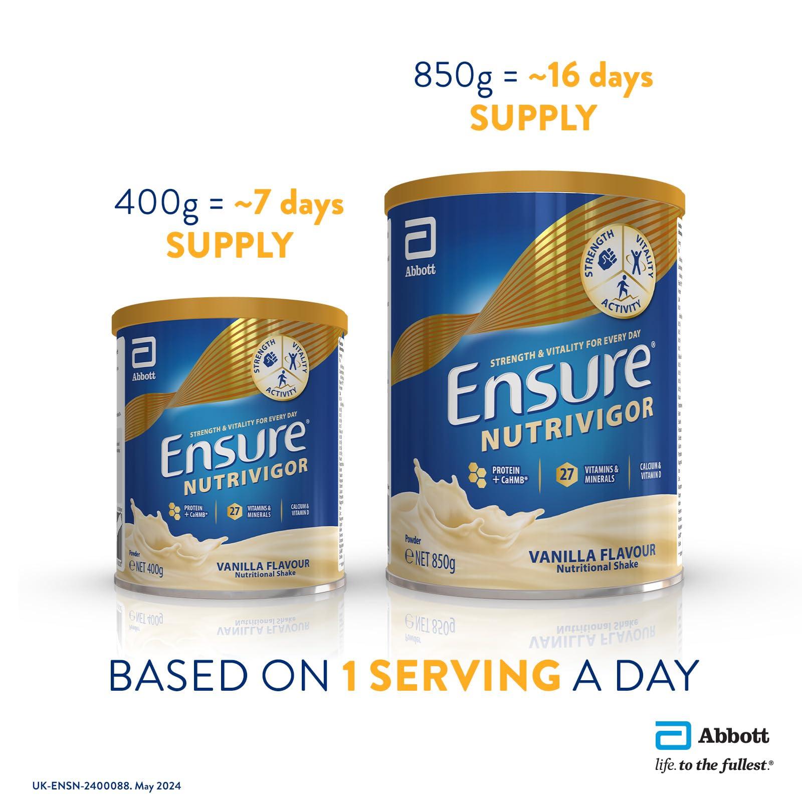 Ensure Ensure NutriVigor Nutritional Shake | 400g | Vanilla Flavour |Support Strength, Energy and Immunity | Food supplement with Protein, 27 Vitamins and Minerals | With Vitamin D, Vitamin C and Vitamin B