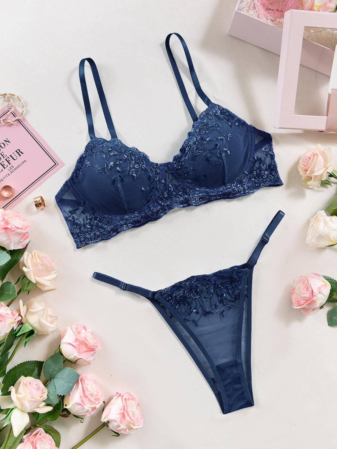 Lilosy Lilosy Sexy Floral Embroidered Mesh Women Underwire Push Up Lingerie Set, Leaf Navy Blue, XS