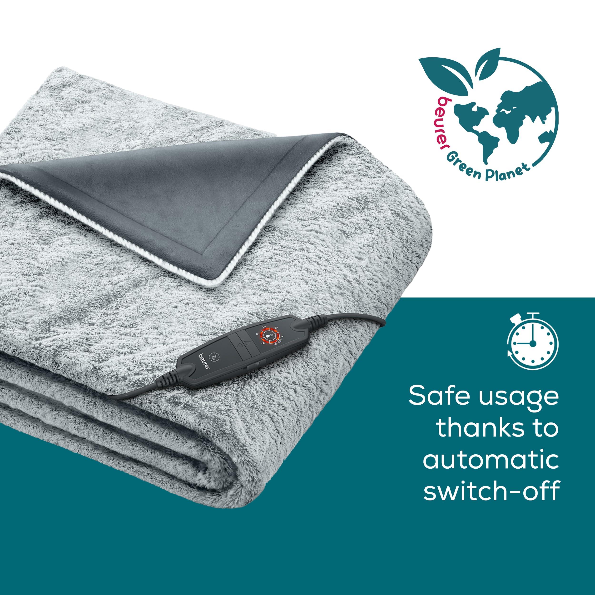 Beurer Beurer HD75 Nordic Grey Green Planet Electric Blanket, Heat Blanket Made from Recycled Material, Cuddly Soft, 6 Temperature Levels, Machine Washable, Automatic Shut-Off, 180 x 130 cm