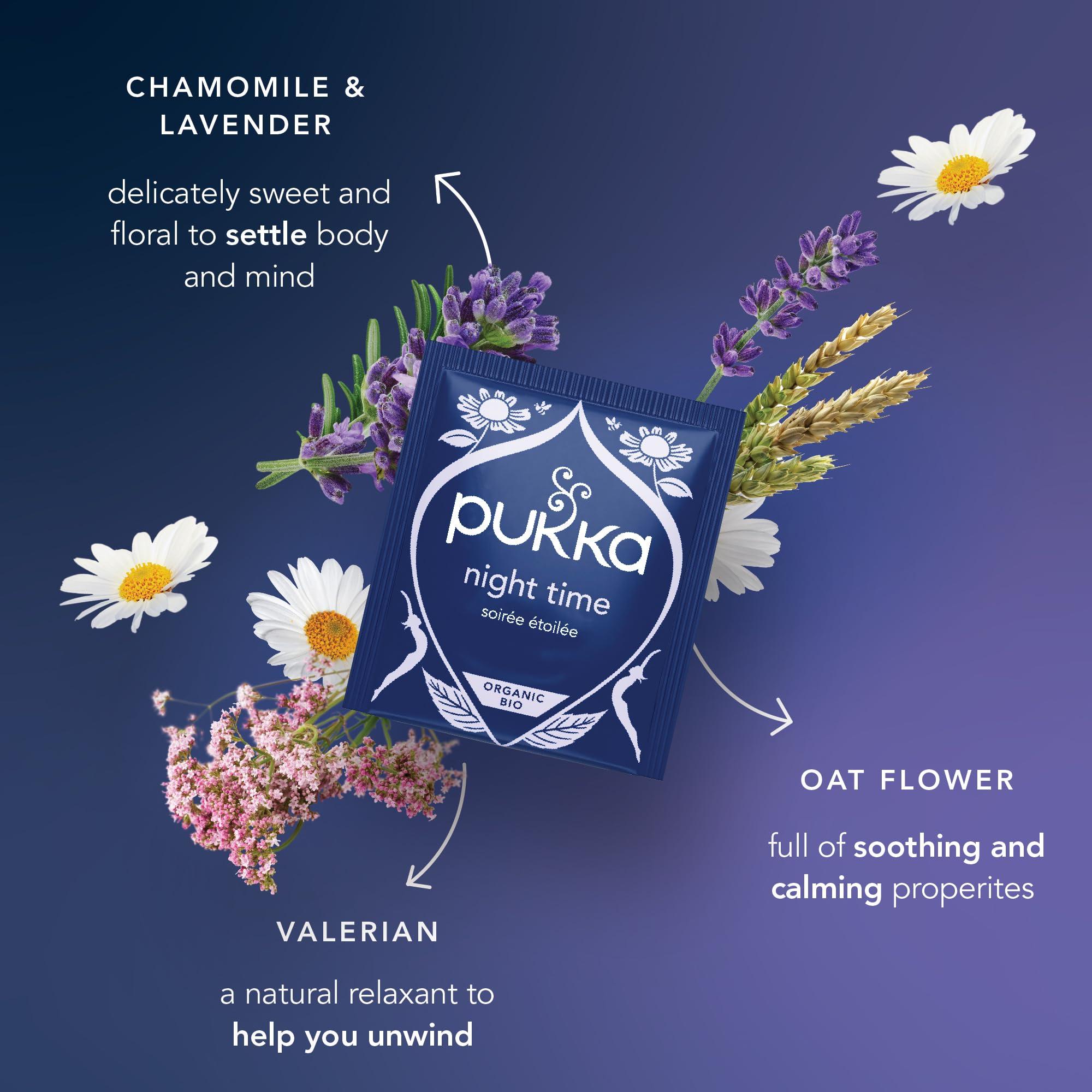 Pukka Herbs Pukka Herbs, Night Time Organic Herbal Sleep Tea Box, Chamomile, Lavender, Oat Flower, & Limeflower, Natural For Bedtime Relaxation, Caffeine Free, 4 Packs, 80 Plant Based Biodegradable Tea Bags