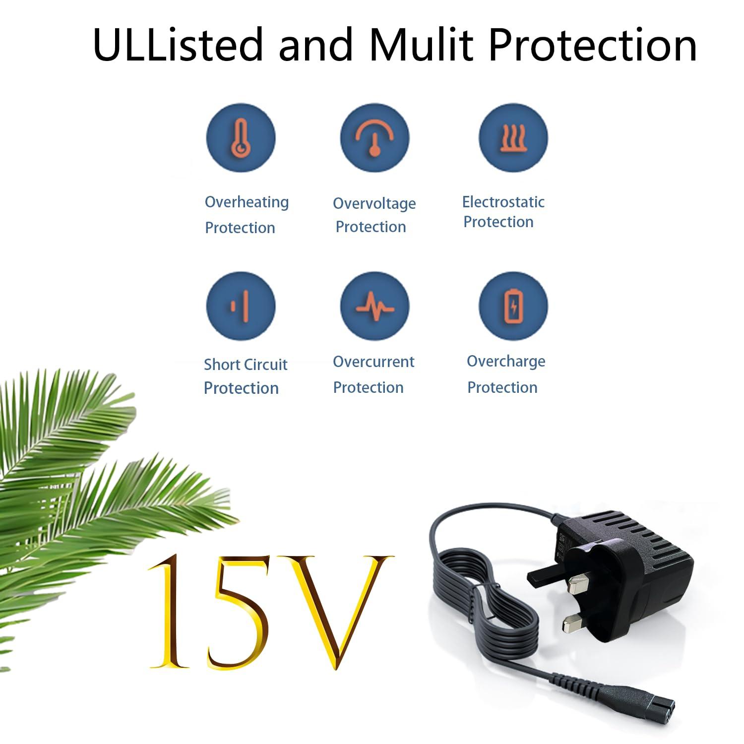 LIANSUM 15V Charger Fit for HQ8505 Philips Shaver Charger for 5000 7000 Series Razor Power Cord,Beard Trimmer BT5502,BT9810,S3333,S3233,S1332,MG7750,MG7790 Electric Razor Aquatouch Power Lead