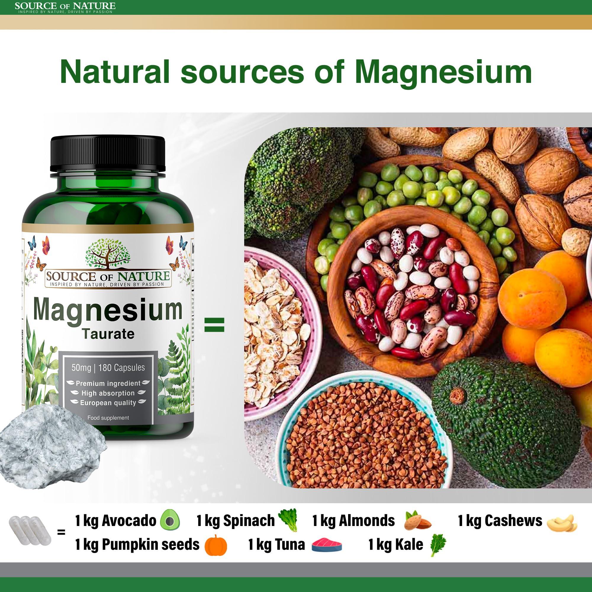Source of Nature Source of Nature | Magnesium Taurate 625mg | 180 Capsules | 45-Day Supply | 50mg Elemental | High Bioavailability | Easy on The Stomach | Laboratory Tested