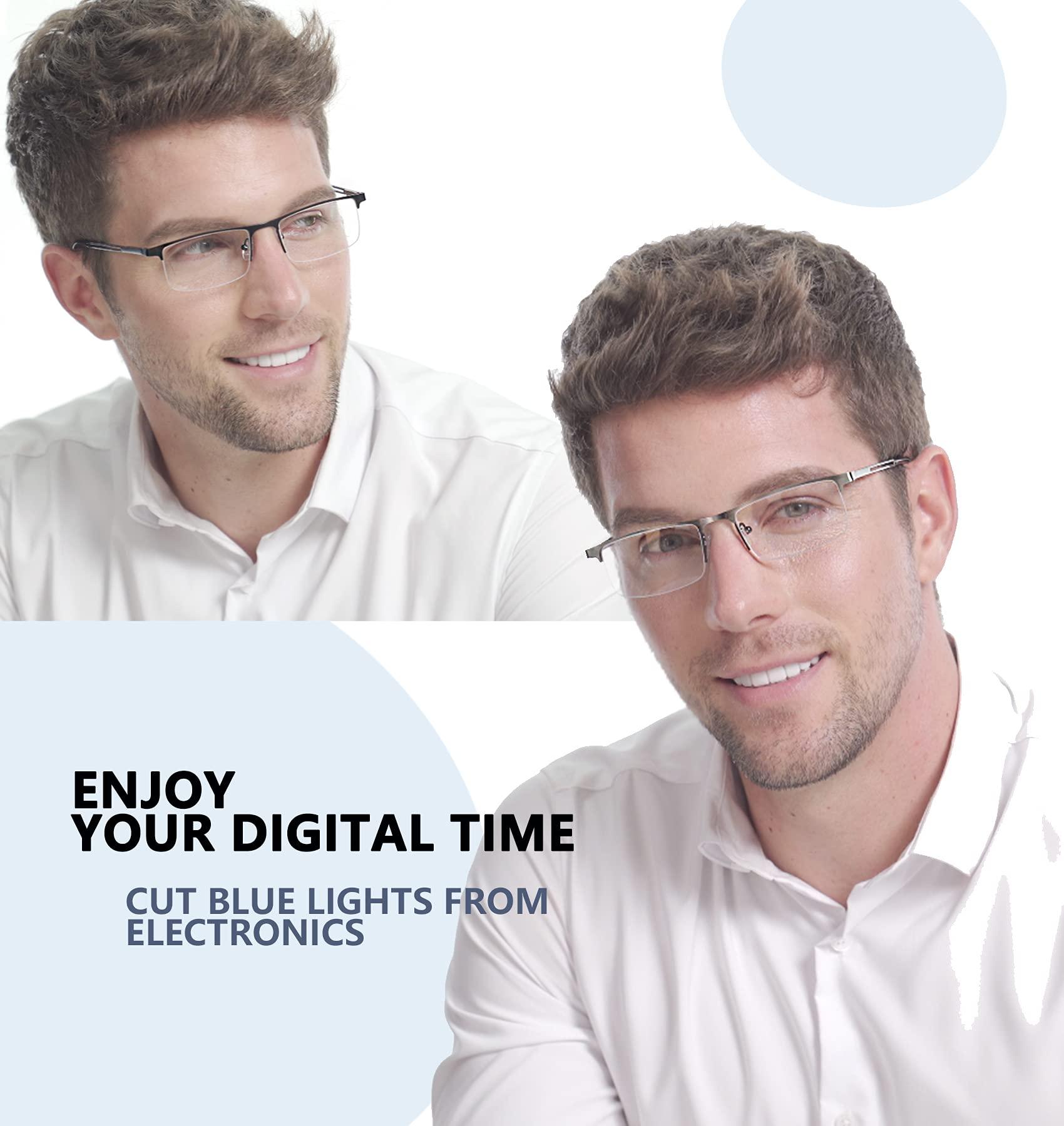 JJWELL JJWELL 3 Pack Blue Light Reading Glasses for Men, Lightweight Metal Rectangle Semi Rimless Readers for Men, Anti Eyestrain/Computer Glare/UV, Half Frame Spring Hinge Eyeglasses with Pouches