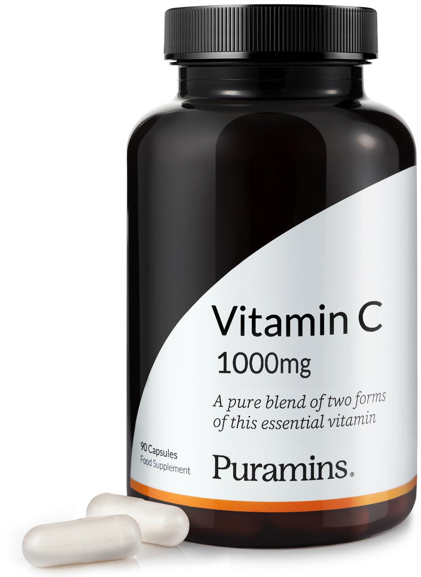 puramins Vitamin C 1000mg, Pure High Strength Vitamin C Capsules with No Additives, Fillers or Binders, Ascorbic Acid and Sodium Ascorbate Powder Complex Supplement, 90 Vegan Capsules, Made in UK by Puramins