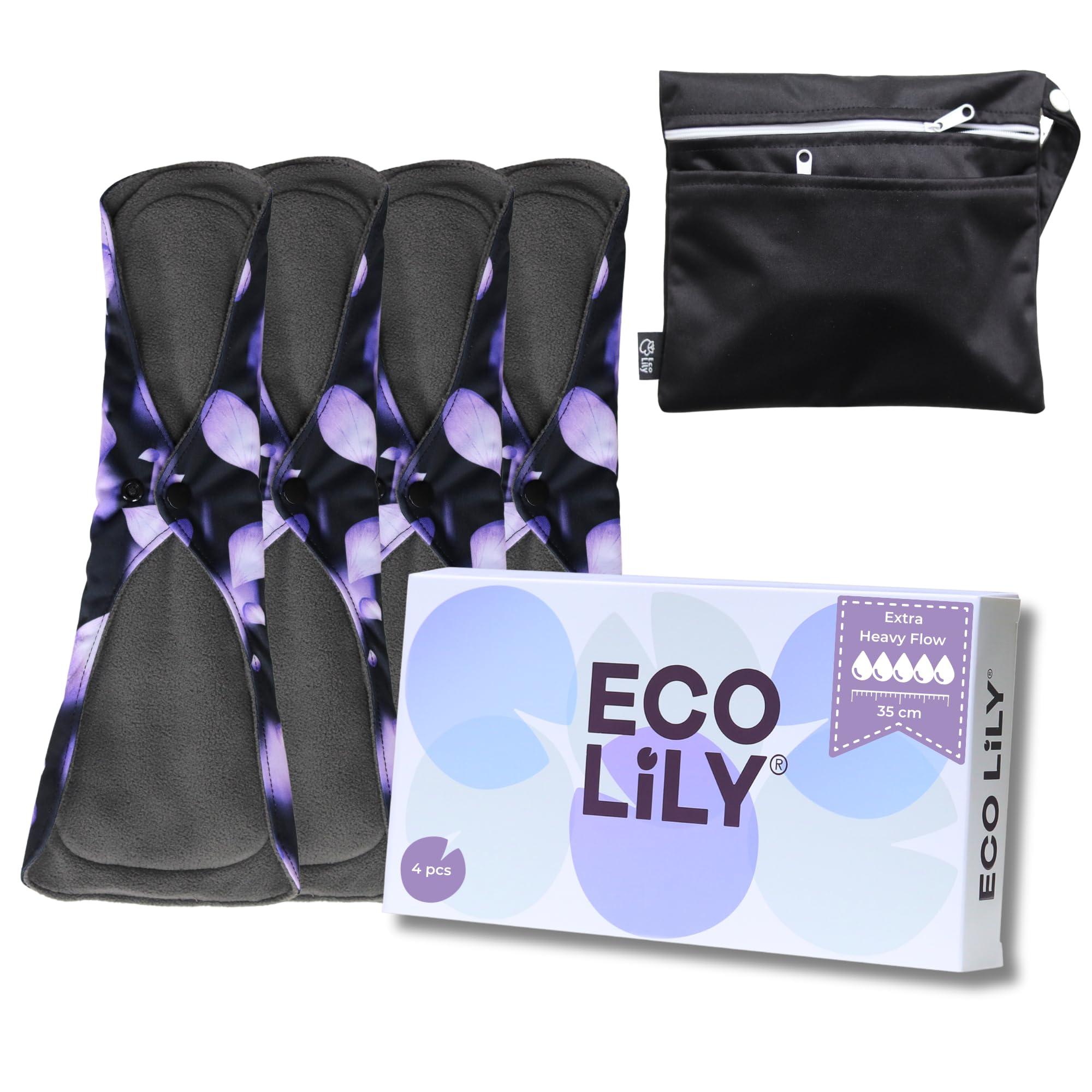 Eco Lily Eco Lily Reusable Sanitary Pads - Sanitary Towels - Period Pads Leakproof Odour-Absorbing Charcoal Bamboo Pads (4 Pk Extra Heavy Flow)