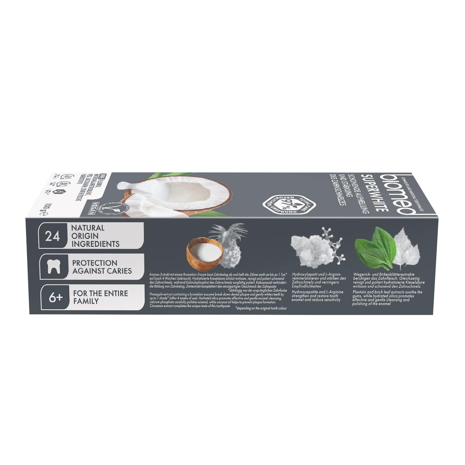 BIOMED Biomed Superwhite 97% Natural Whitening Toothpaste | Enamel Strengthening | Coconut Flavour, Vegan, SLES Free 6x100g