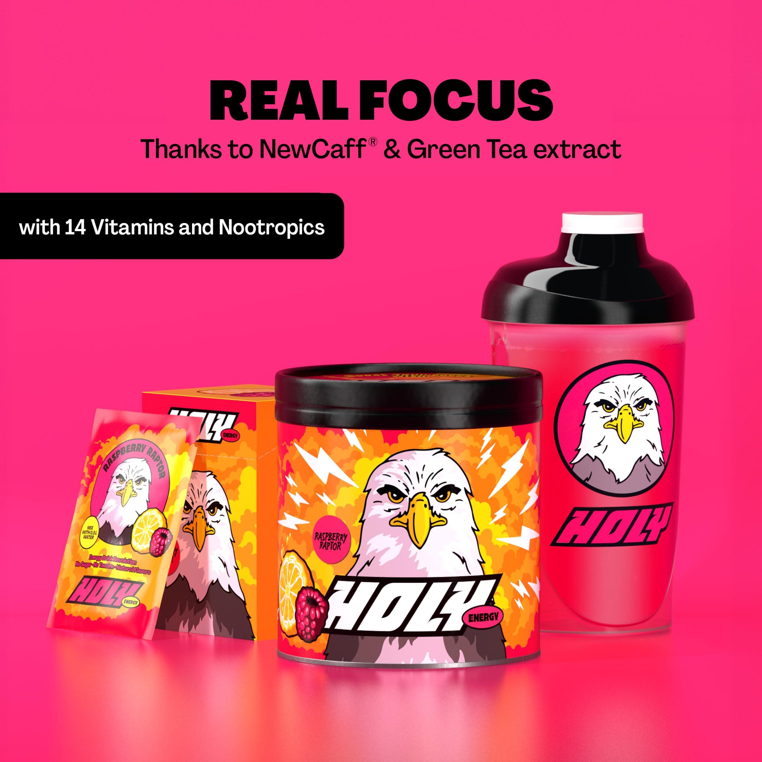 Holy Energy HOLY Energy Gaming Booster Flavour Powder | 50 portions with NewCaff & Green Tea Extract | Focus Booster - Focus Drink | Vegan with 100% natural fruit flavours (350 grams, Raspberry Raptor)