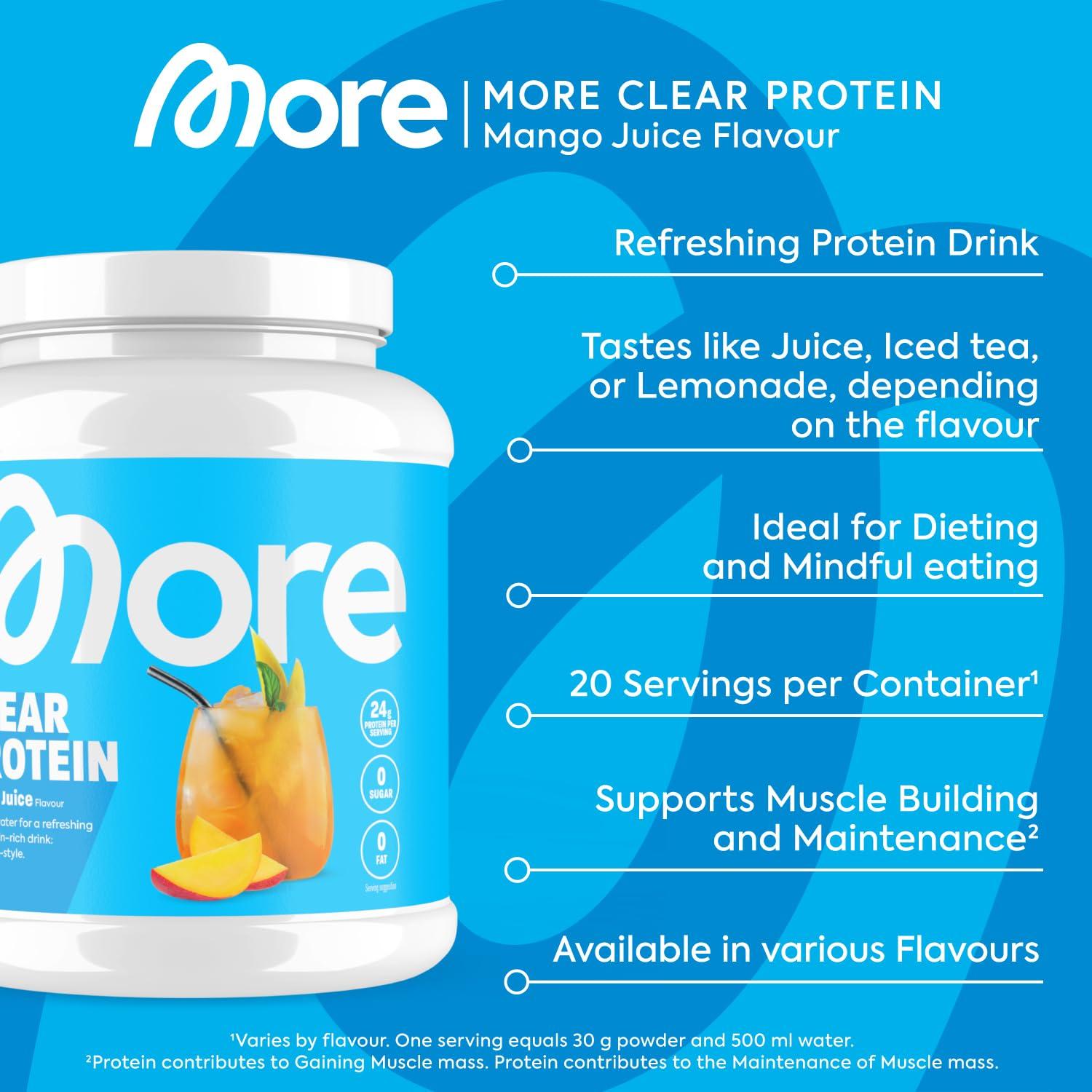 MORE NUTRITION MORE NUTRITION Clear Protein Whey Isolate Powder, Mango Juice, 600 g, 1.32 lbs, 20 Servings Clear Whey - Lactose Free - Muscle Building and Recovery Powder Made in Germany