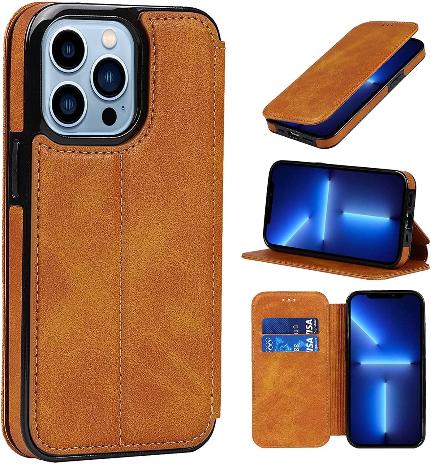 BRART BRART Wallet Case for iPhone 13/13 Pro/13 Pro Max, PU Leather Magnetic Protective Flip Case Cover with Credit Card Slot Viewing Stand Shockproof TPU (Color : Yellow, Size : 13pro max 6.7\")