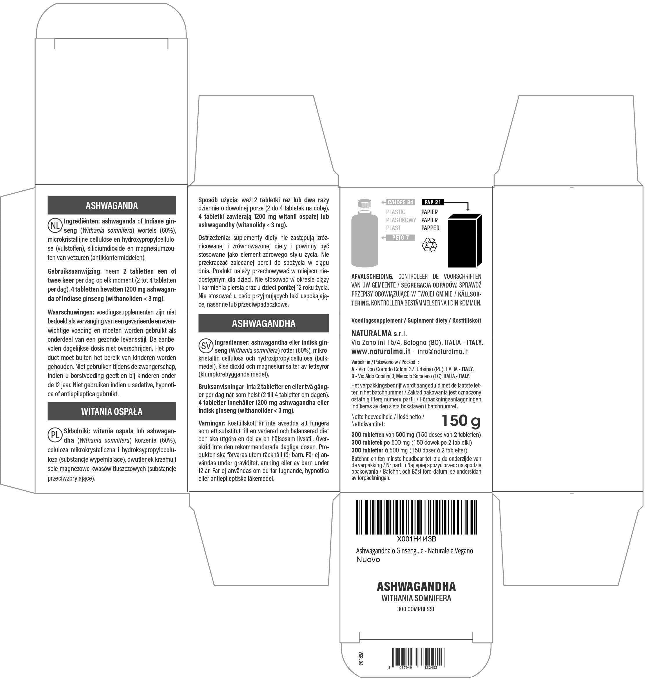 Naturalma Ashwagandha or Indian Ginseng (Withania somnifera) Roots Naturalma - 150 g - 300 Tablets - Food Supplement - Natural and Vegan
