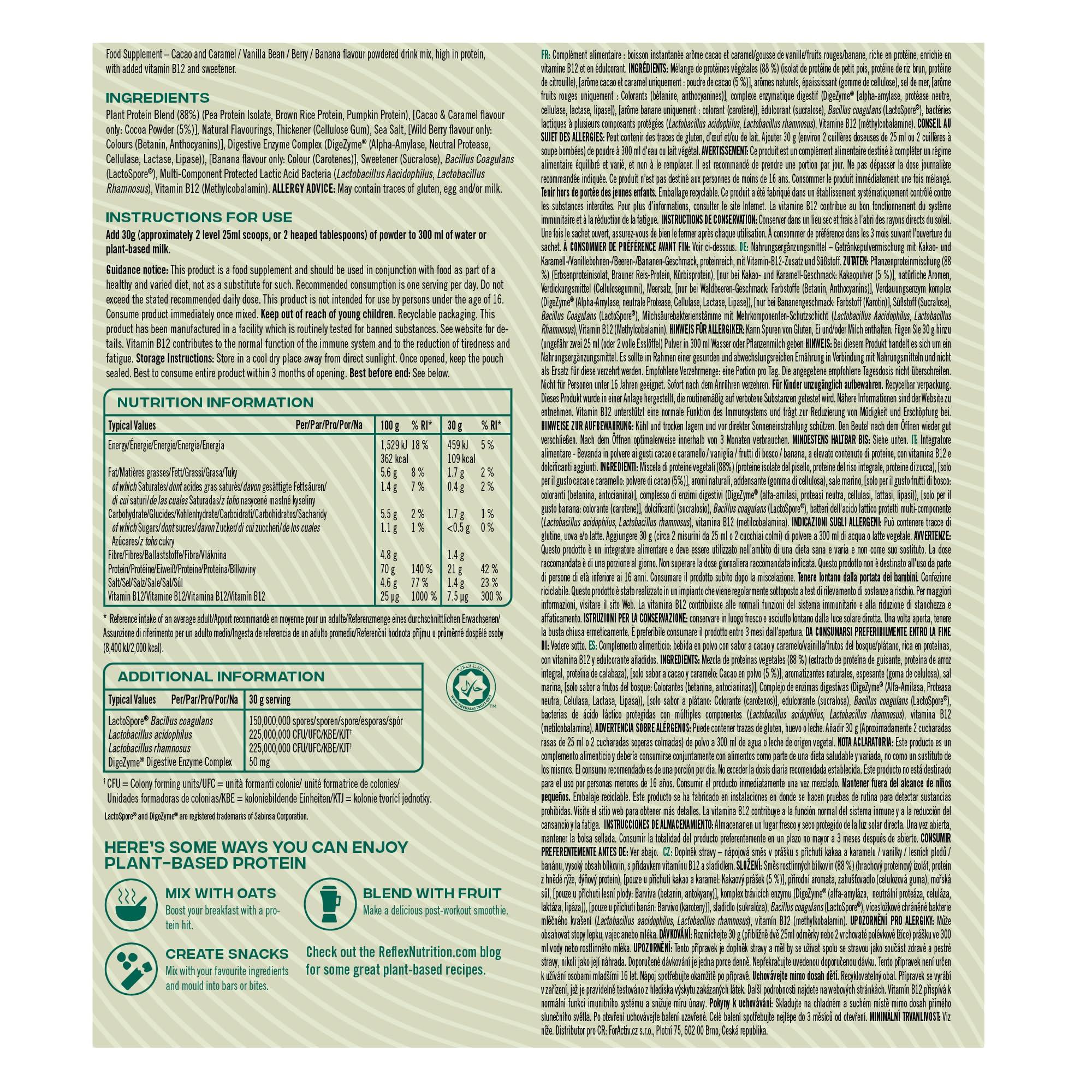 Reflex Reflex Nutrition Plant Based Protein - 21g Vegan Protein Powder (Pea Protein, Brown Rice Protein & Pumpkin Seeds) - Added Digestive Enzymes & Vitamin B12 - Natural Flavours (Banana, 20 Servings)