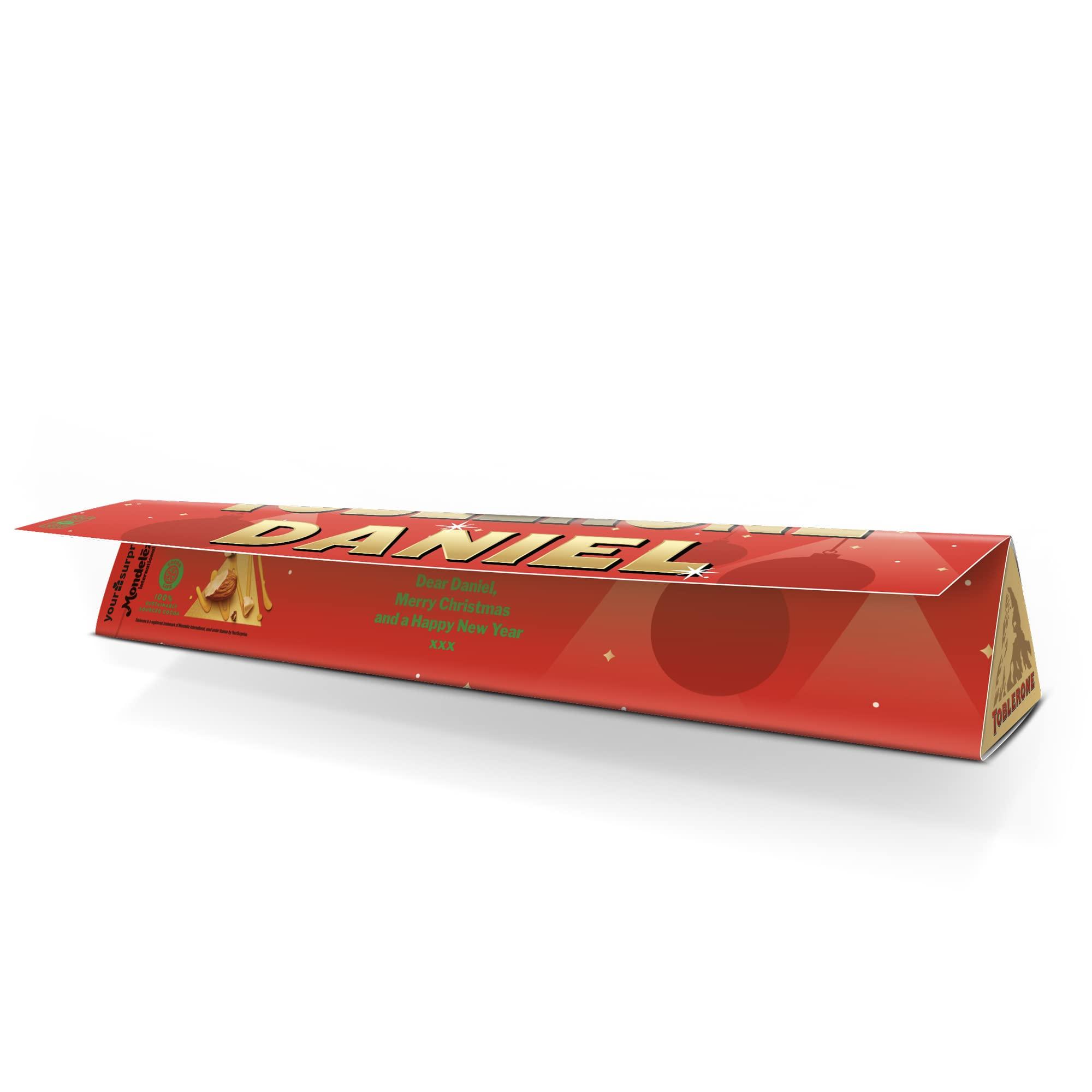 your surprise Personalised Toblerone bar - Christmas Chocolate Gift personalised with Name and Message, Milk chocolate with honey-almond nougat (200 Grams - Christmas)