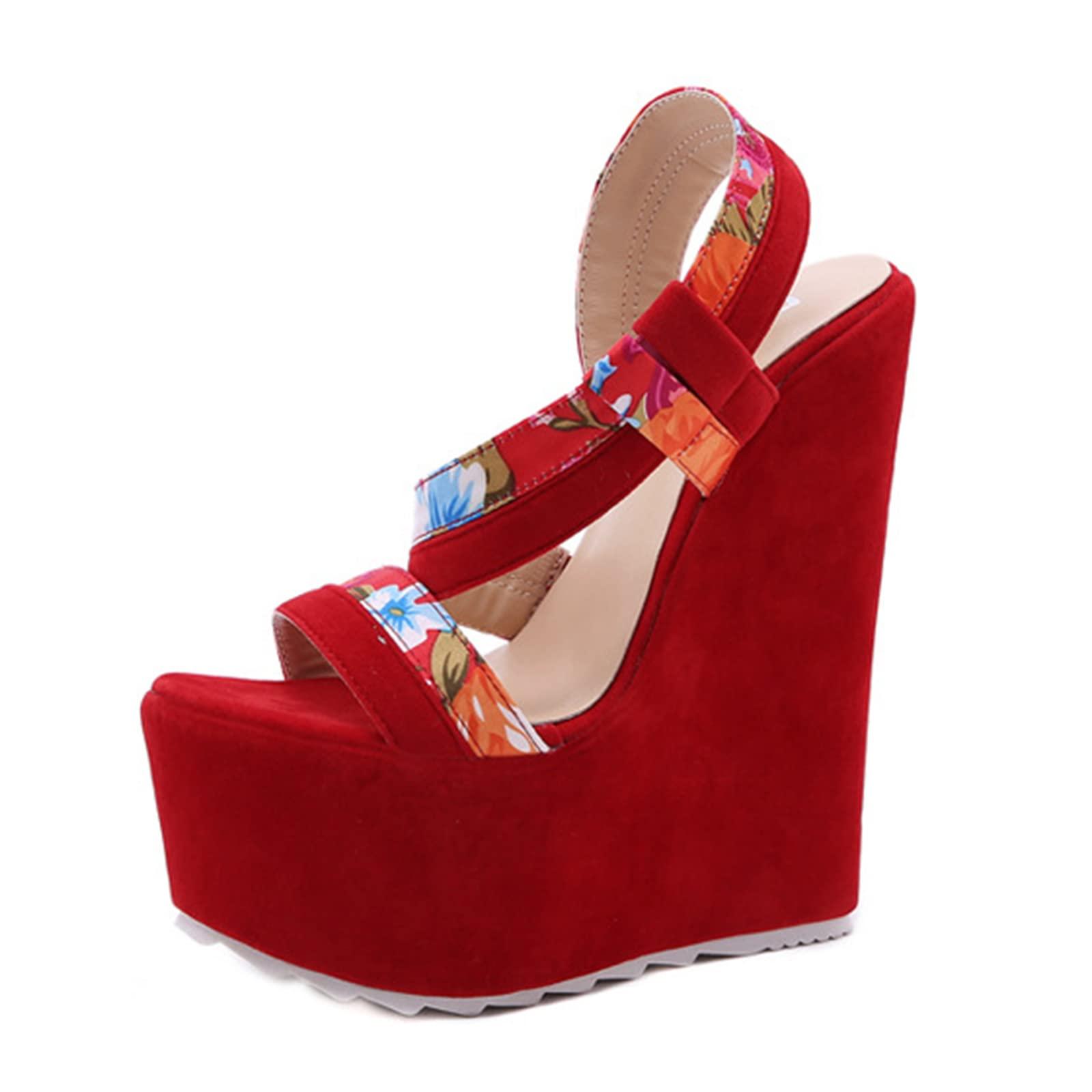 woileRQ woileRQ Women's Red Platform Wedges Sandals,Summer Peep-toe High Heels,Wedding Party Dress Heeled Sandals,Red,40