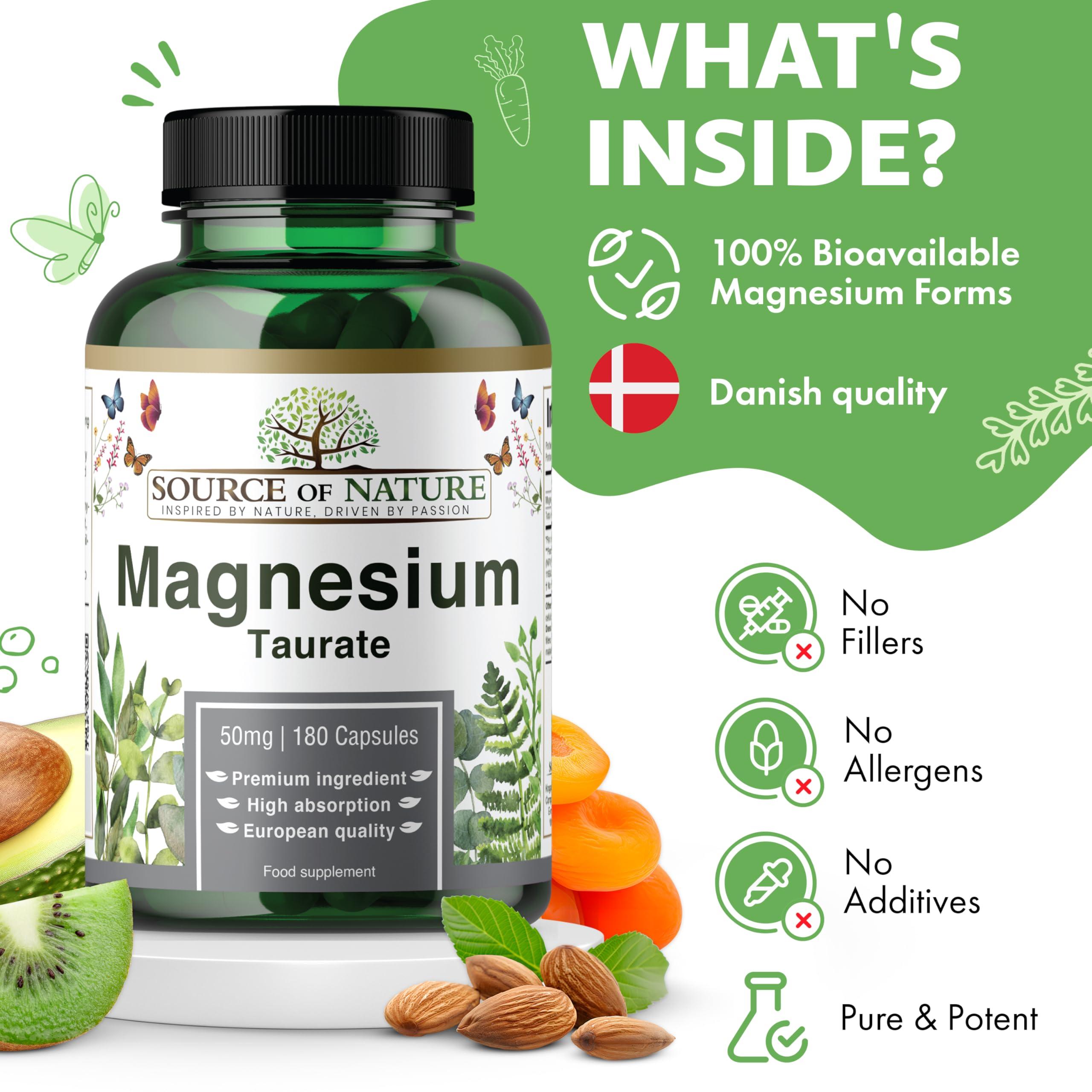 Source of Nature Source of Nature | Magnesium Taurate 625mg | 180 Capsules | 45-Day Supply | 50mg Elemental | High Bioavailability | Easy on The Stomach | Laboratory Tested