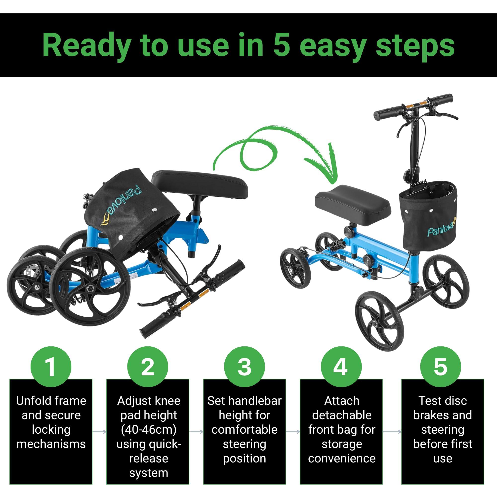 PANLOVA Adjustable Medical Folding Steerable Leg Knee Walker Scooter with Front bag-9251B