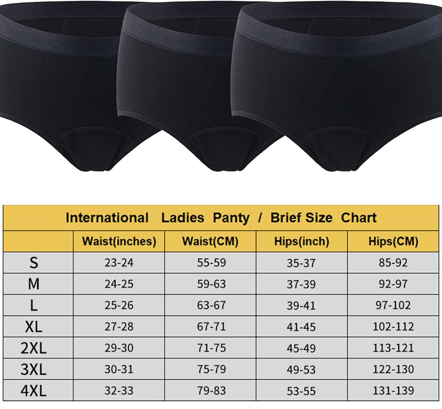 Bias&Belief Plus Size Menstrual Period Panties 3 Pack Women Underwear Leak Proof Cotton Briefs Urinary Incontinence Briefs Washable Urinary Reusable Special Needs for Women,Teenages,2XL,Black