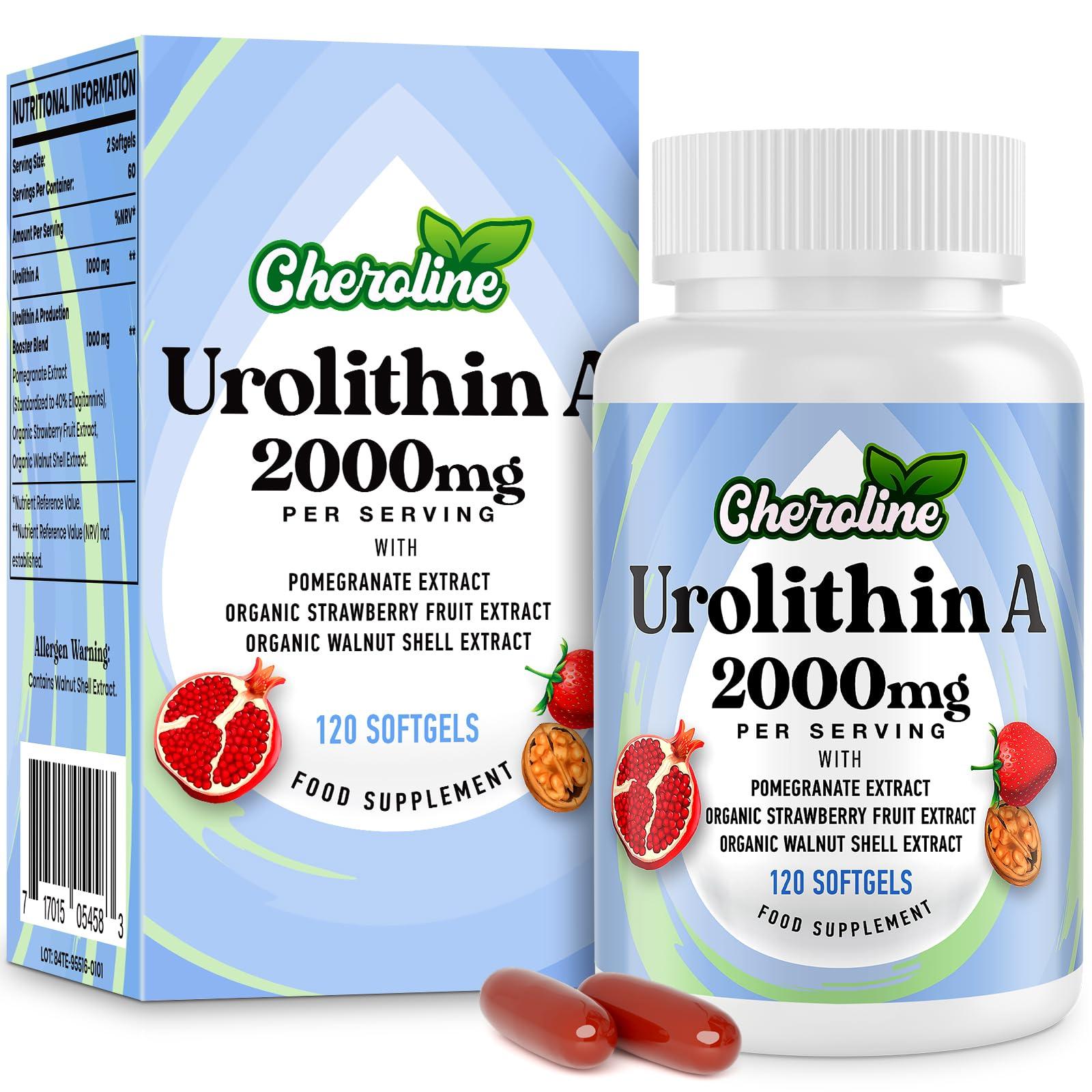 Cheroline Urolithin A Supplement 2000mg - 120 Softgels 60-Day Supply - Enhanced with Pomegranate, Strawberry, and Walnut Extracts - for Mitochondria, Energy, Antioxidants & Cellular (120 Count (Pack of 1))