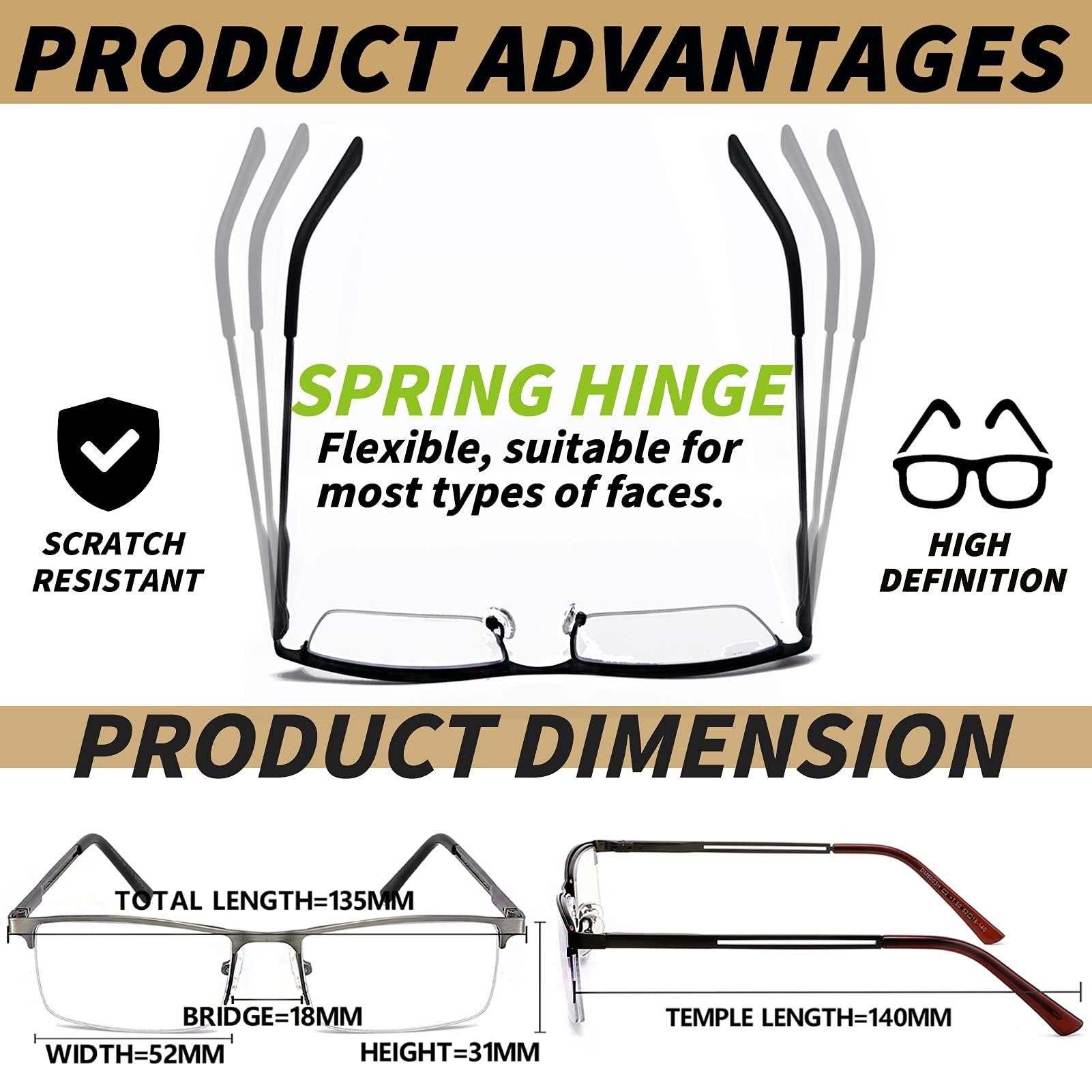 JJWELL JJWELL 3 Pack Blue Light Reading Glasses for Men, Lightweight Metal Rectangle Semi Rimless Readers for Men, Anti Eyestrain/Computer Glare/UV, Half Frame Spring Hinge Eyeglasses with Pouches