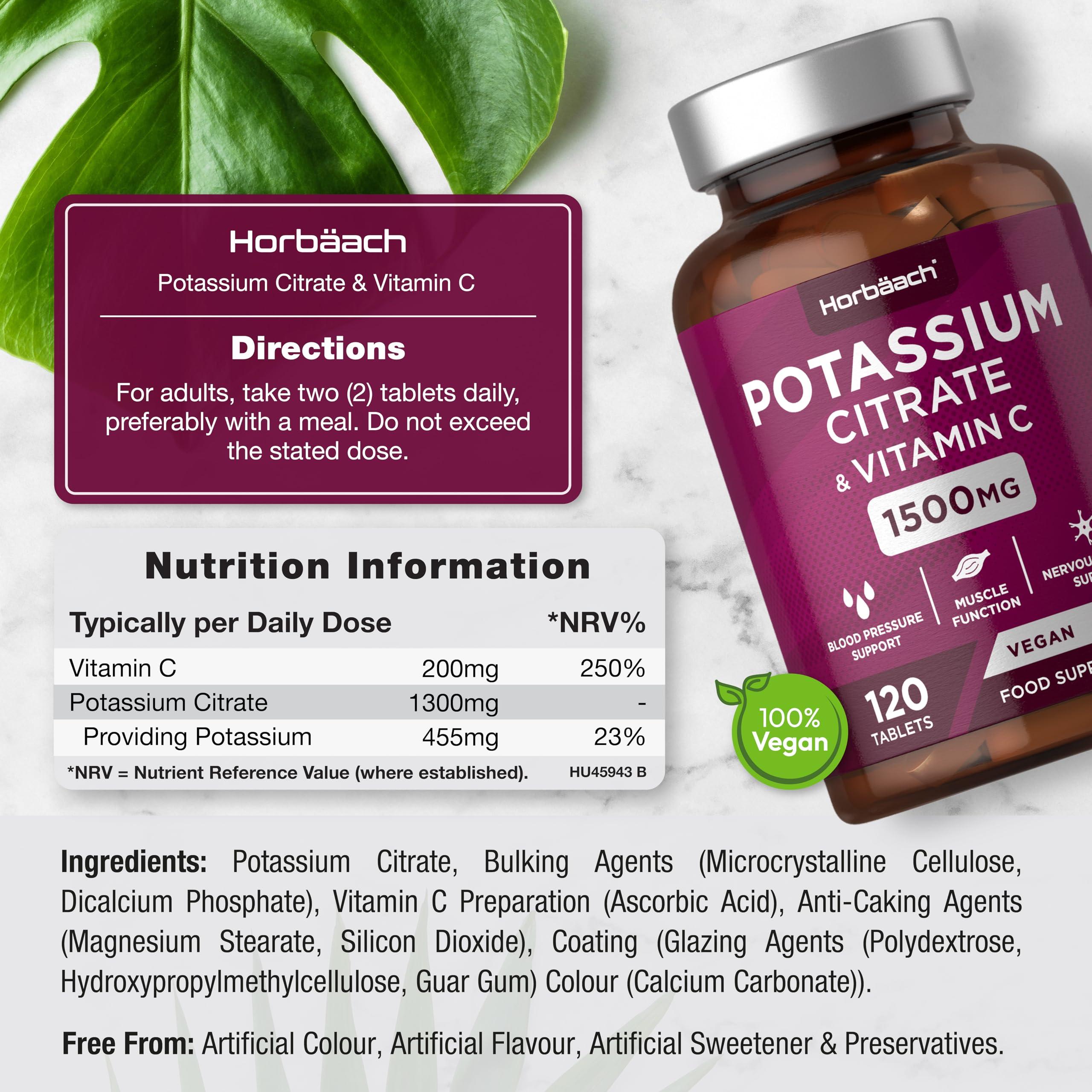 Horbach Potassium Supplement 1500mg with Vitamin C | High Strength Potassium Citrate | Electrolyte Tablets | 120 Count | 100% Vegan | by Horbaach