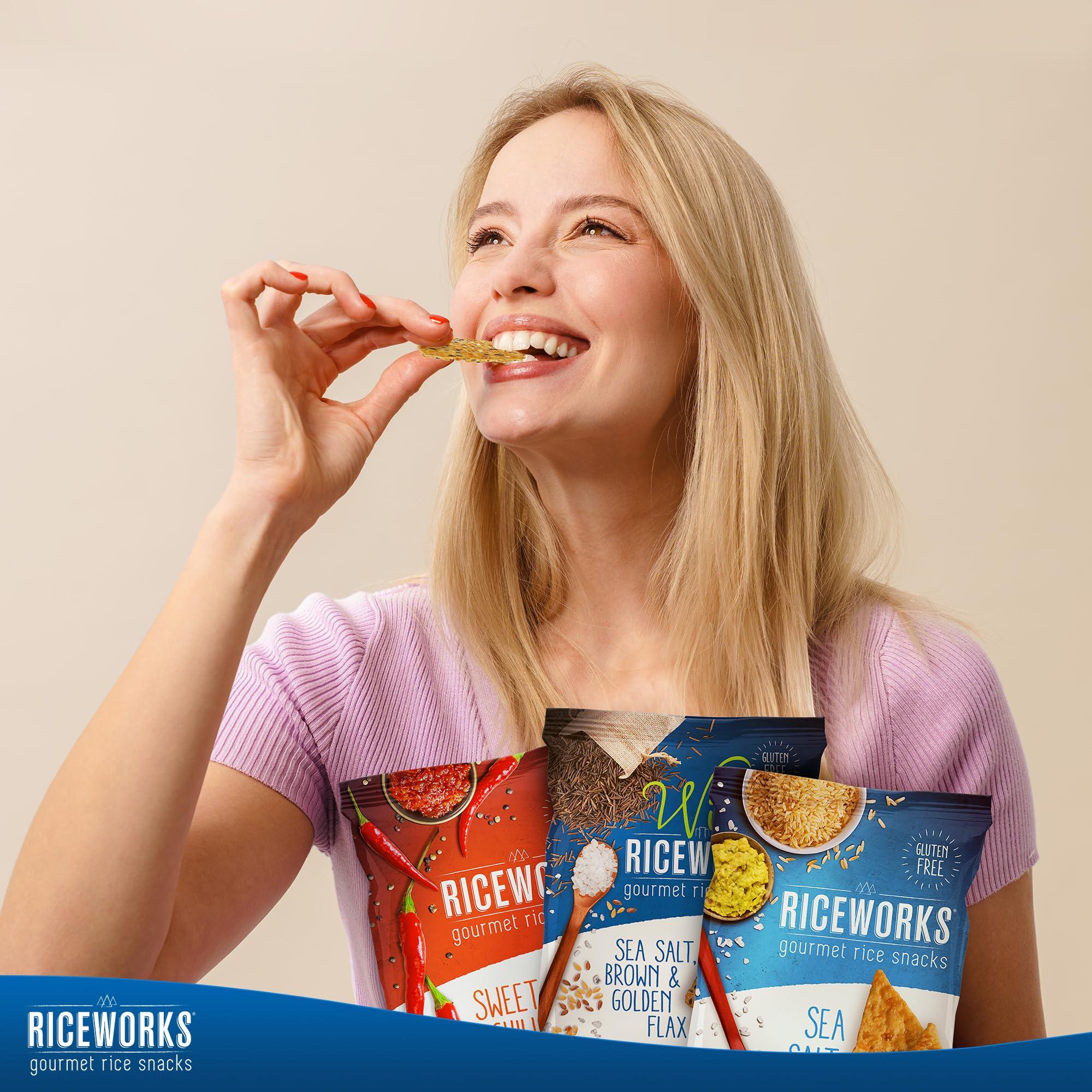 Broadway candy Riceworks Gourmet Rice Snacks Variety Pack - Sea Salt, Sweet Chili, & Wild Sea Salt with Flax, Gluten-Free, Crunchy Snack